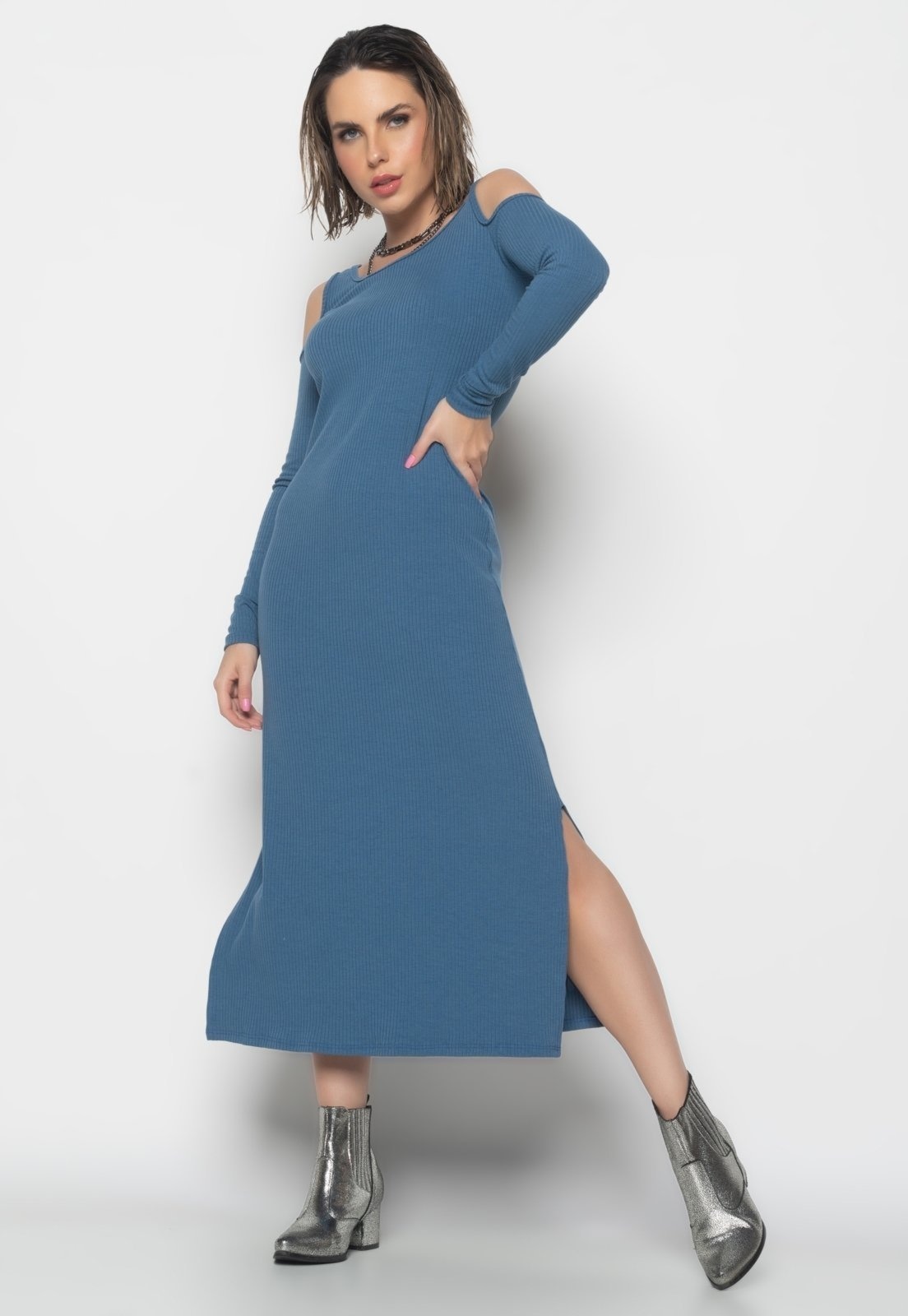 Imagem principal Vestido Midi Ombro Vazado Manga Longa Canelado Salvatore Fashion Jeans Salvatore Fashion azul