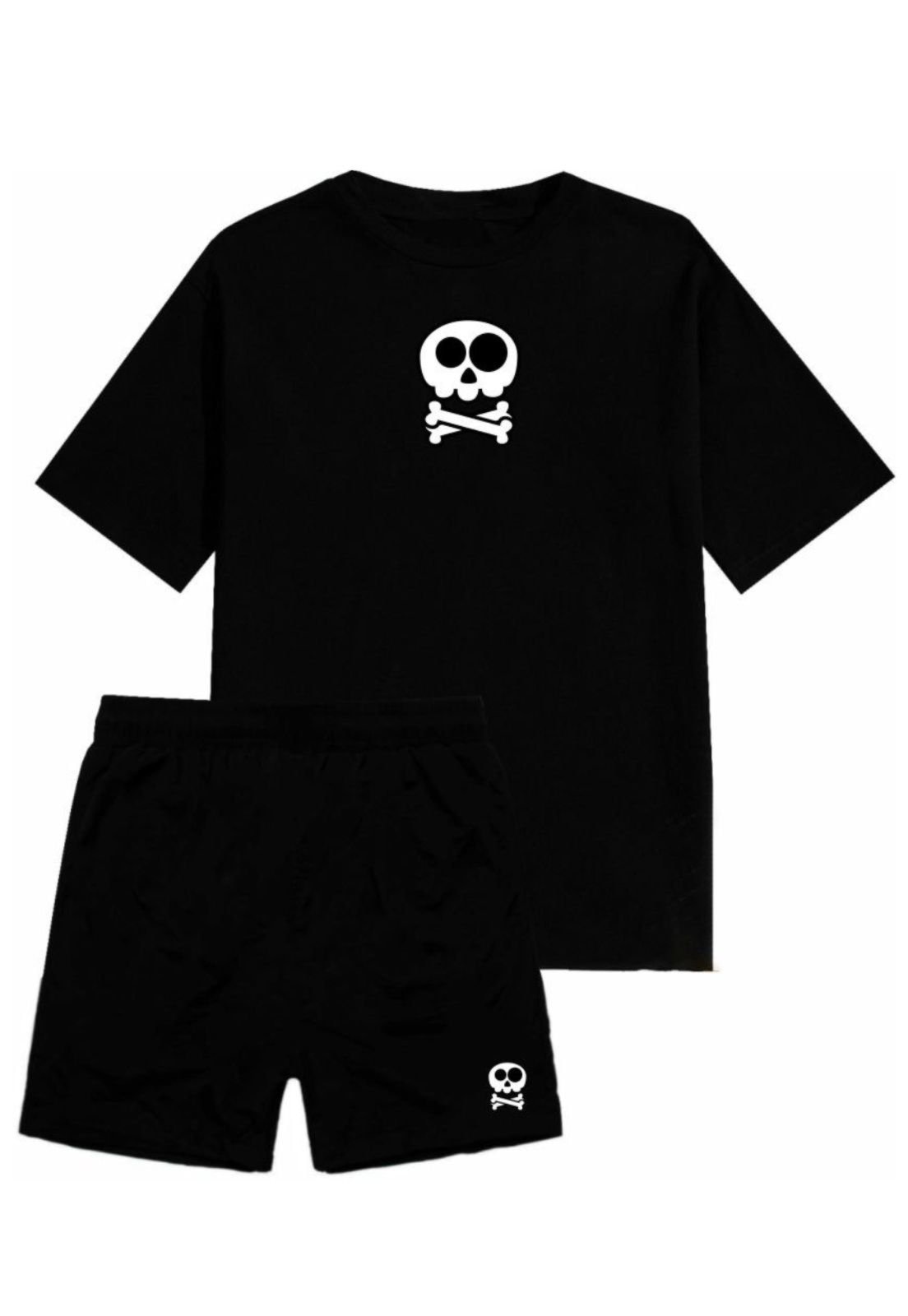 Imagem principal Conjunto Masculino Short Tactel Camiseta Algodão Relaxado Kit Verão Adulto Caveira Relaxado preto