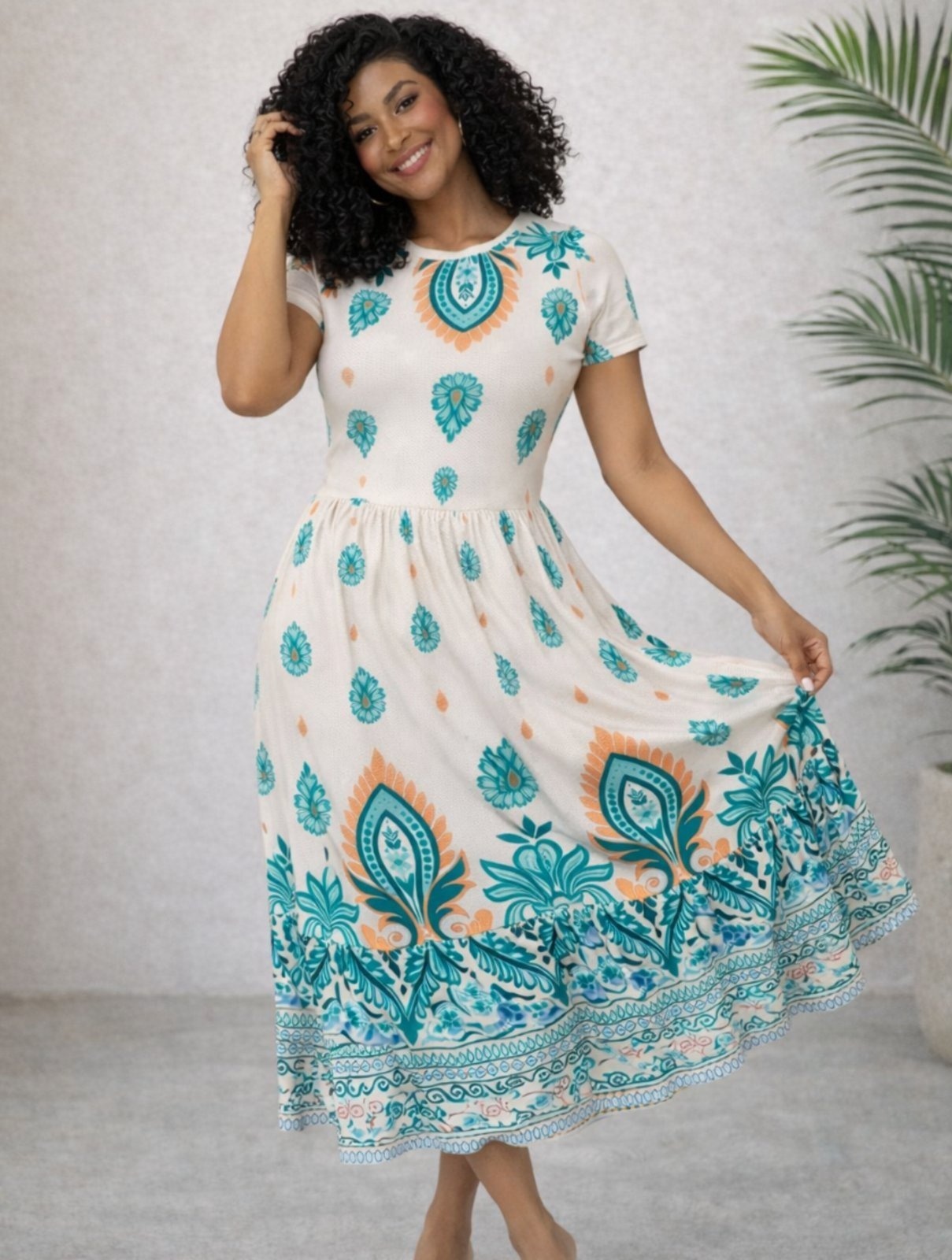 Imagem principal Vestido Estampado Manga Curta Moda Verão Casual Confortável Verde Água Elegante Docce Mulher azul verde