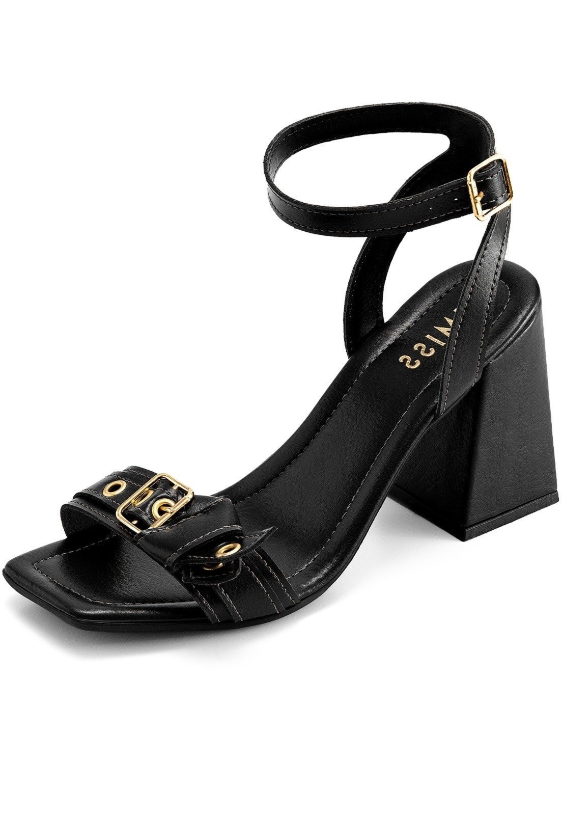 Imagem principal Sandália Feminina Lumiss Salto Alto Bloco Bico Quadrado Fivela Ilhós Metal LUMISS preto