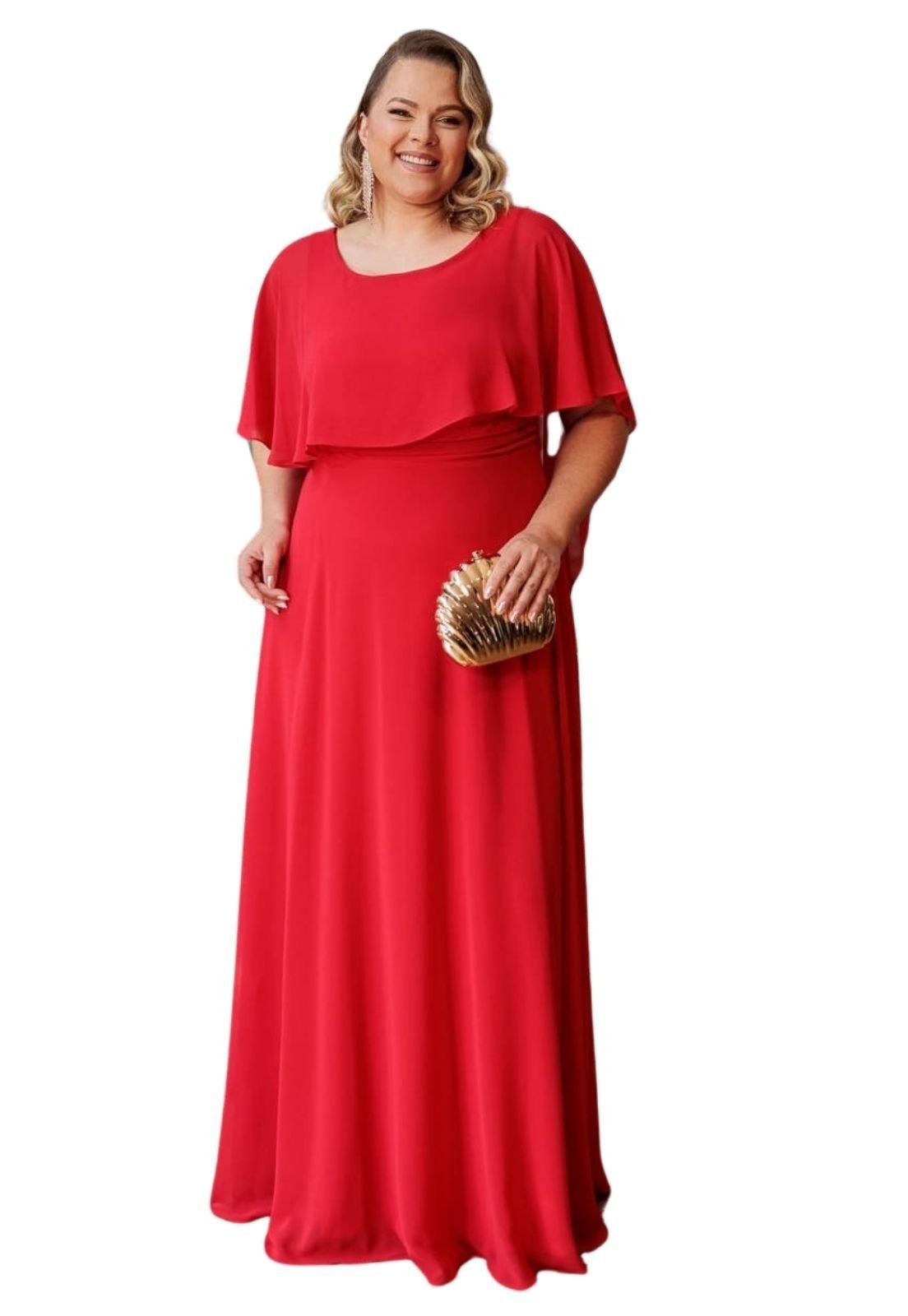 Imagem principal Vestido Longo de Festa Madrinhas Plus Size Curvy Clássico Gola Rendonda Crepe Elegante Junié Cia do Vestido vermelho