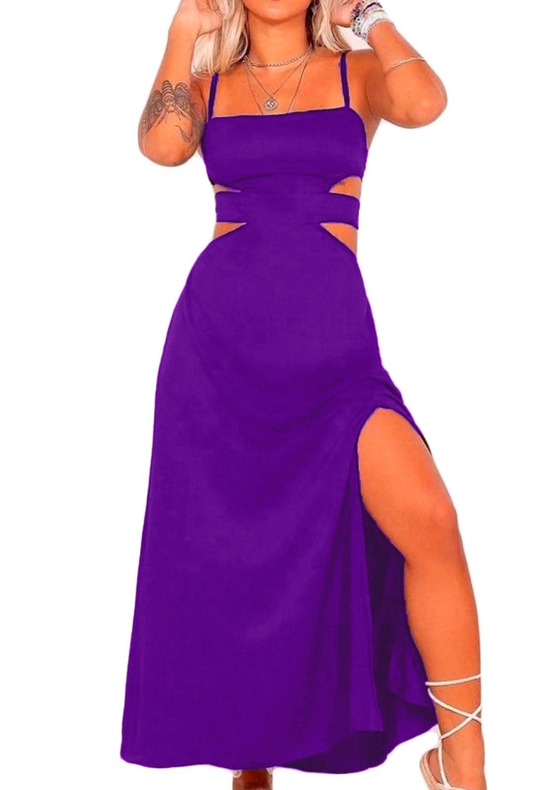 Imagem principal Vestido Longo YWC Ind Alcinha Reto Detalhe Lateral Com Fenda Moda Verão YWC ind roxo