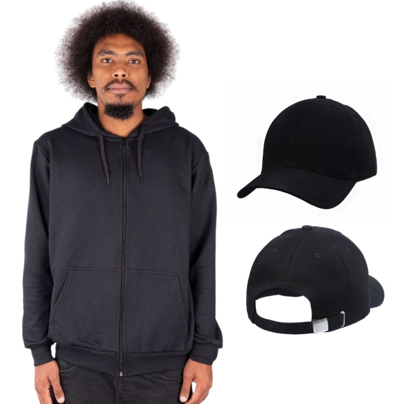 Imagem principal Jaqueta de Moletom Blusa Zíper Fechado Bolsos Masculina + Boné Inverno Esportivo Relaxado preto