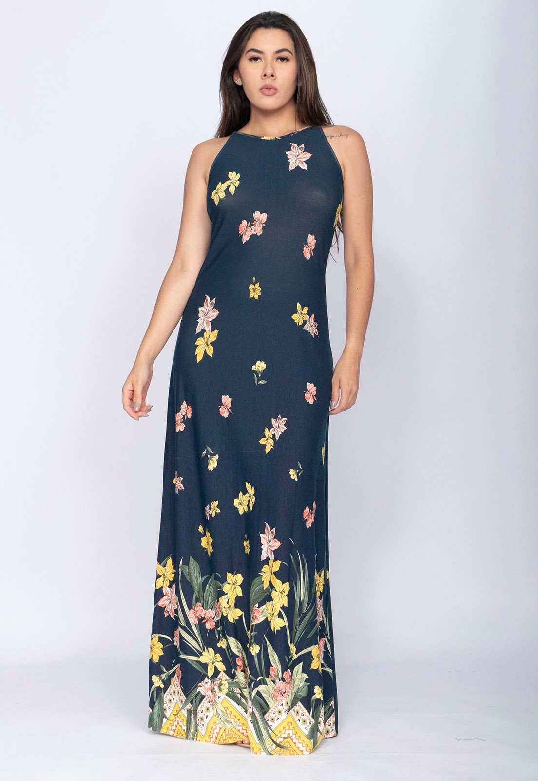 Imagem principal Vestido CabanaFree Longo Malha Trapézio Floresce Cabanafree azul/estampado azul