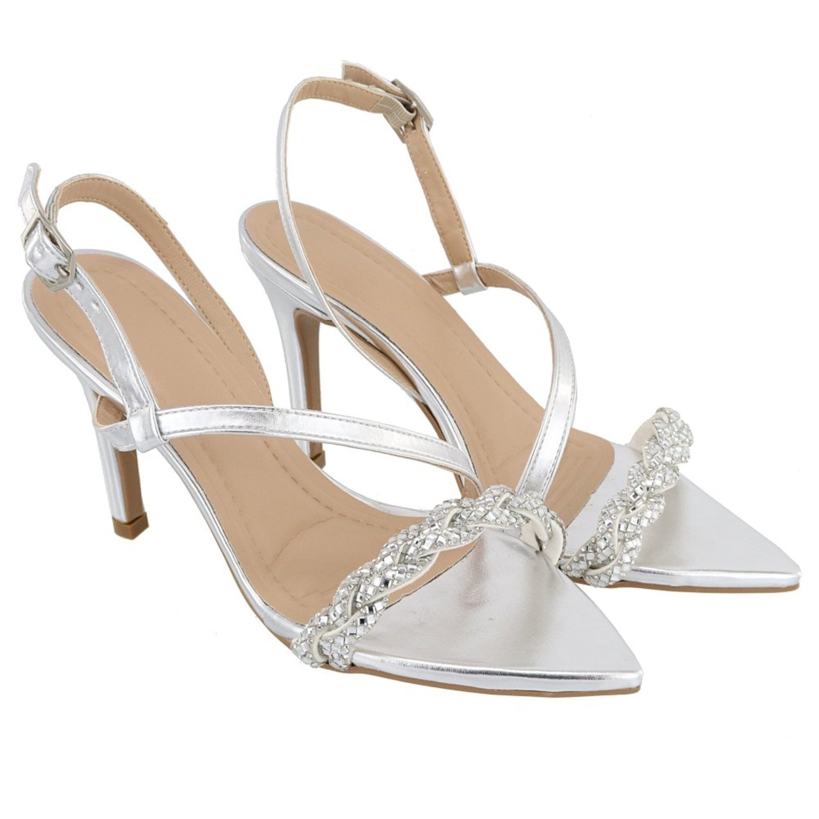 Imagem principal Sandália Feminina Bico Fino Metaliizado Com Strass 6018 Flor da Pele prata