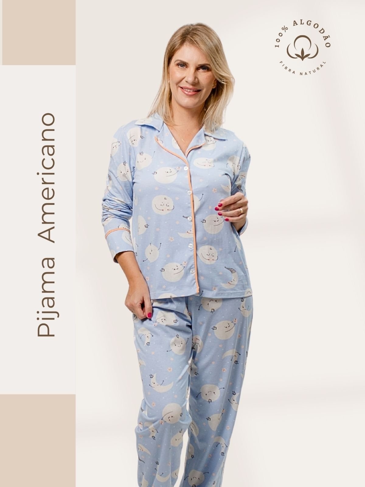 Imagem principal Pijama Algodão Americano Feminino Longo Fernanda - Lua Piante azul