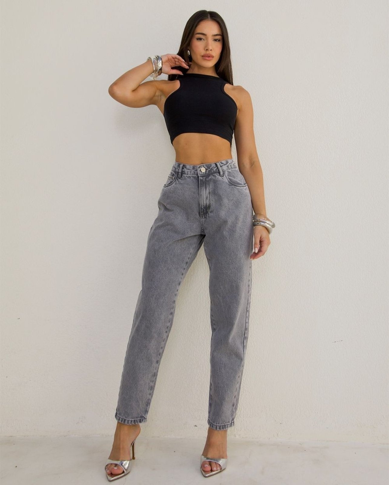 Imagem principal Calça Jeans Mom Feminina Básica Cintura Alta 00134 Consciência cinza