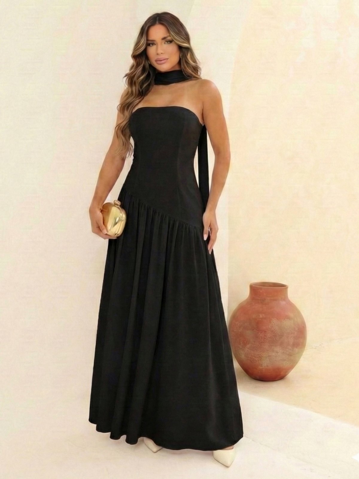 Imagem principal Vestido Maxi Feminino Elegante Tomara Que Caia Com Echarpe No Pescoço E Saia Fluida Cintura Assimentrica FS CONCEPT preto