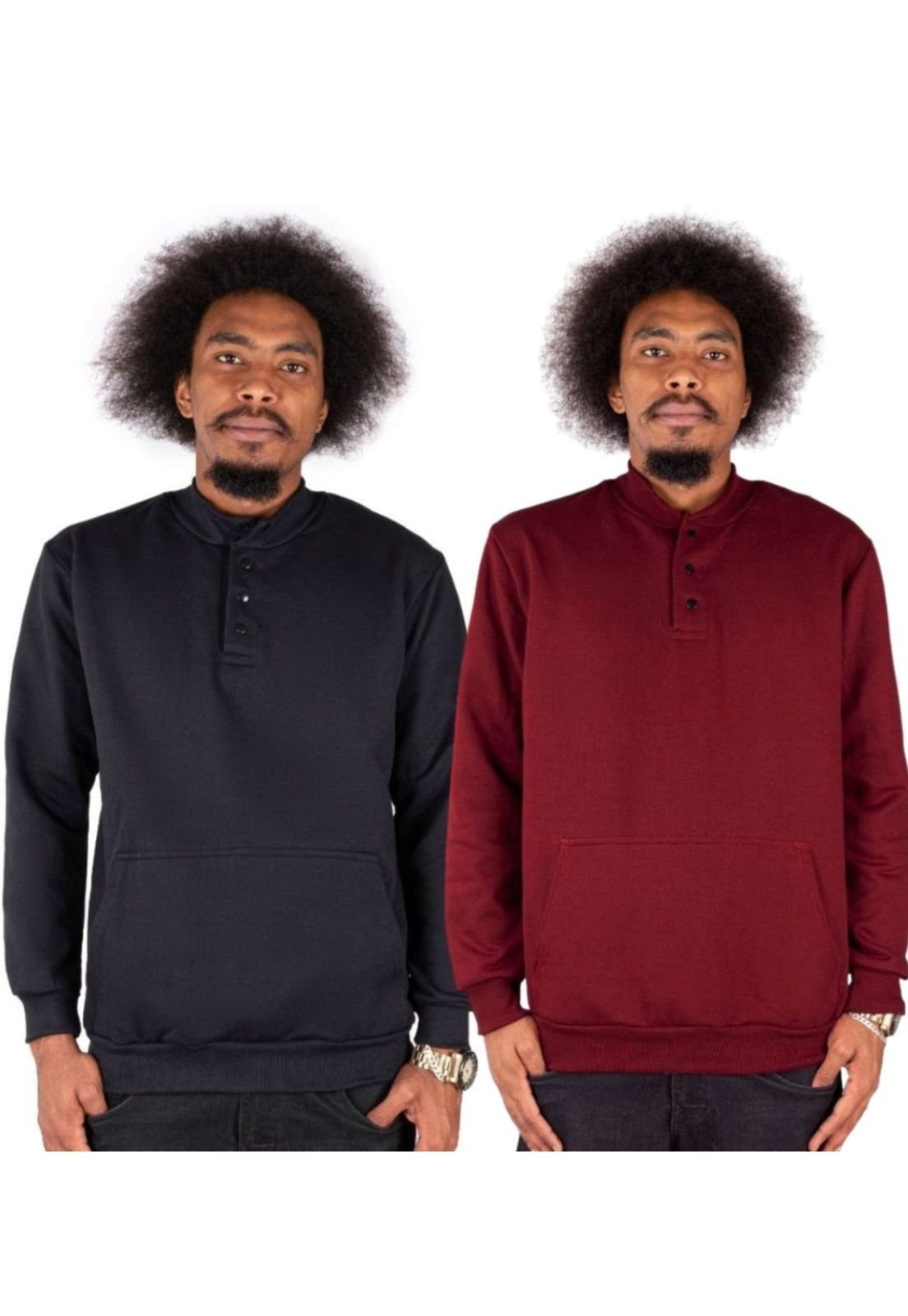 Imagem principal Kit 2 Blusas De Frio Lisa Moletom Bolsos Inverno Canguru Fechado Gola Redonda Estiloso Relaxado preto/vinho