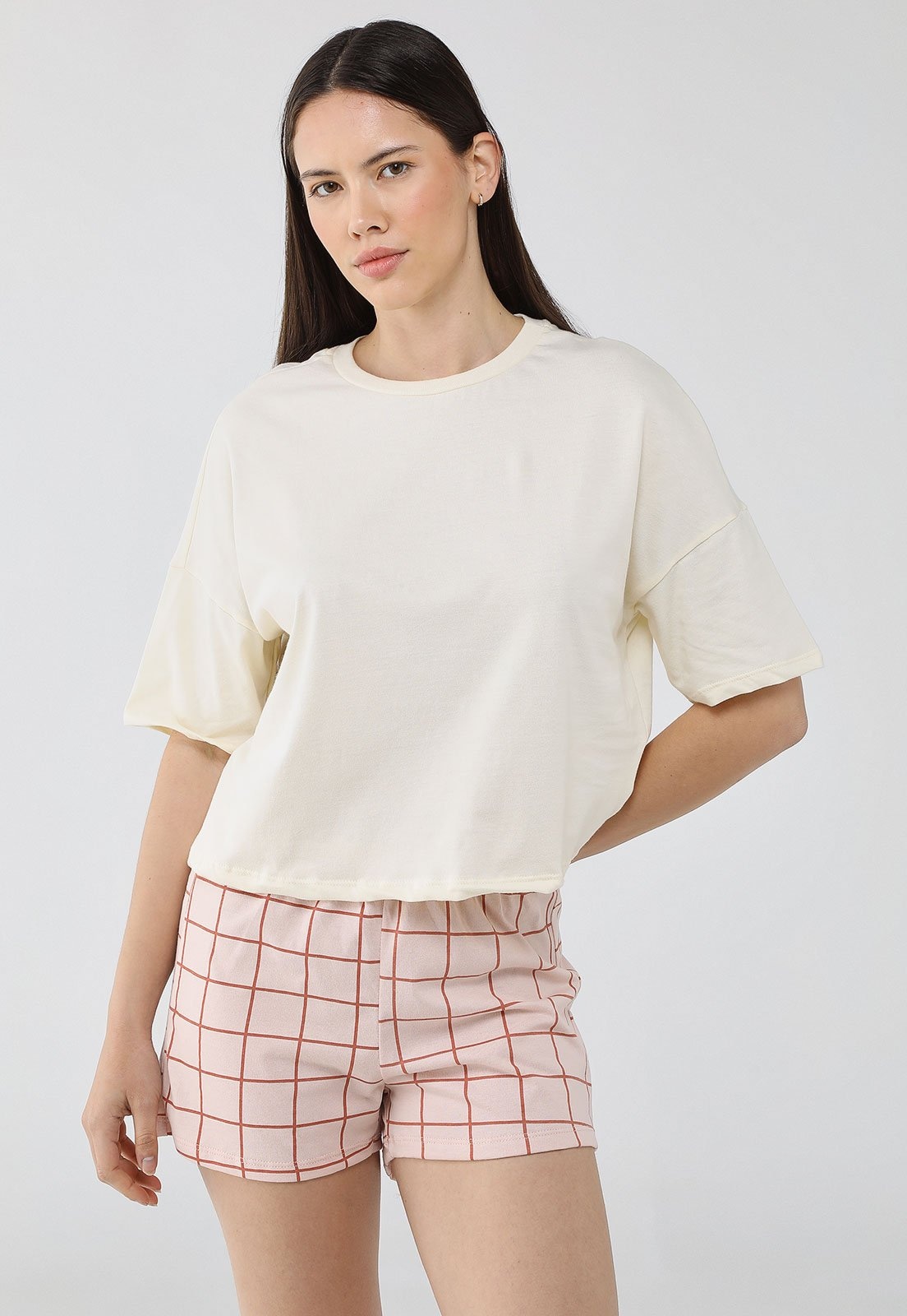 Imagem principal Conjunto Pijama Curto Feminino Hering Xadrez Off-White Hering off-white white