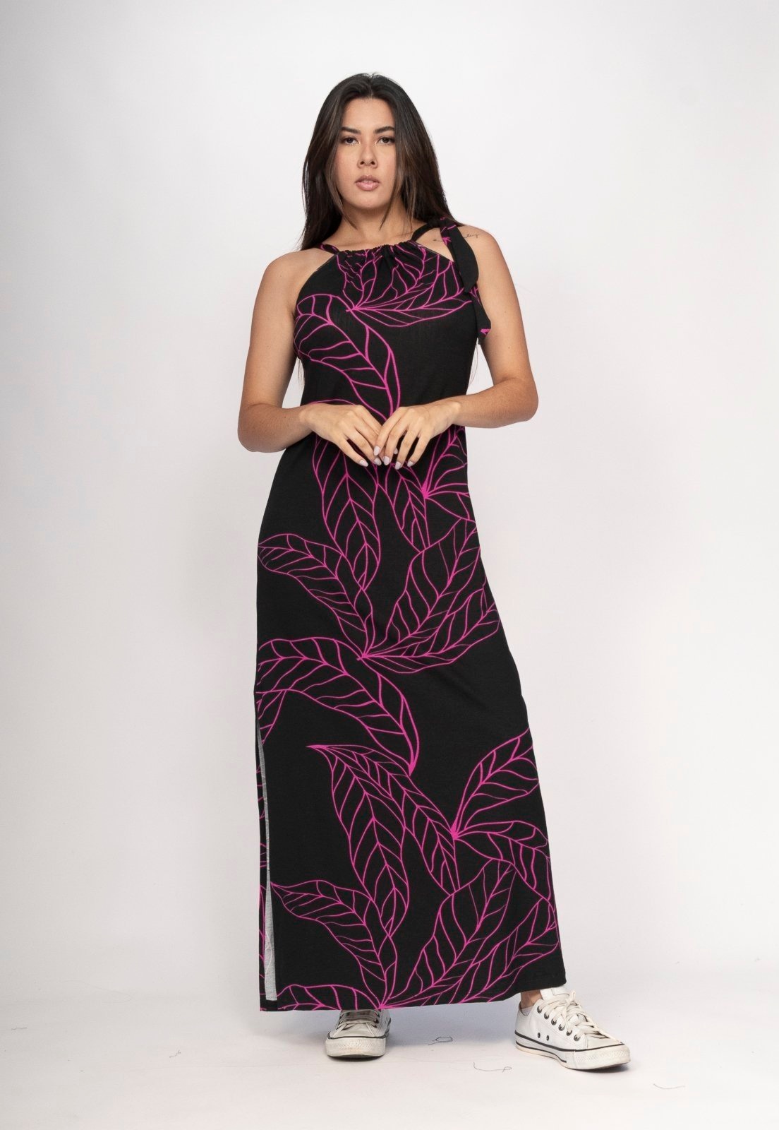 Imagem principal Vestido CabanaFree Capotira Longo Malha Alça Ajustável Estampa Antúrios Lilás Cabanafree estampado