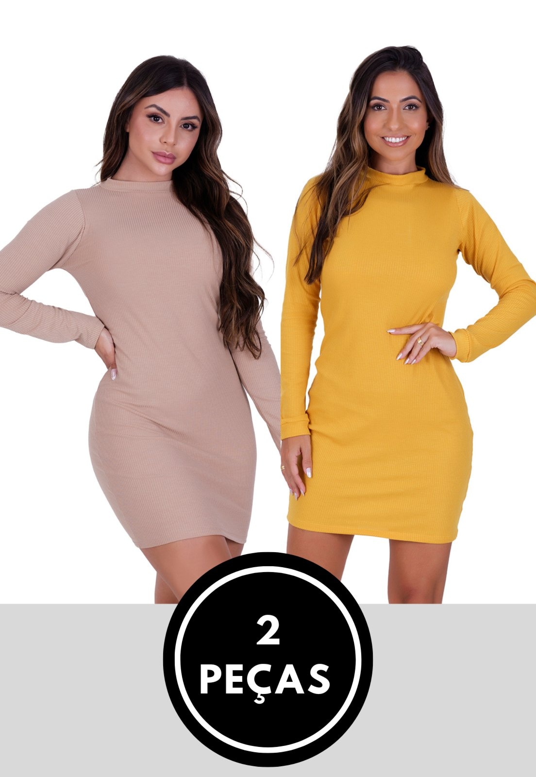 Imagem principal Kit 2 Peças Vestido Midi Malha Canelada Amarelo e Bege Manga Longa St Madame Toda Casual preto