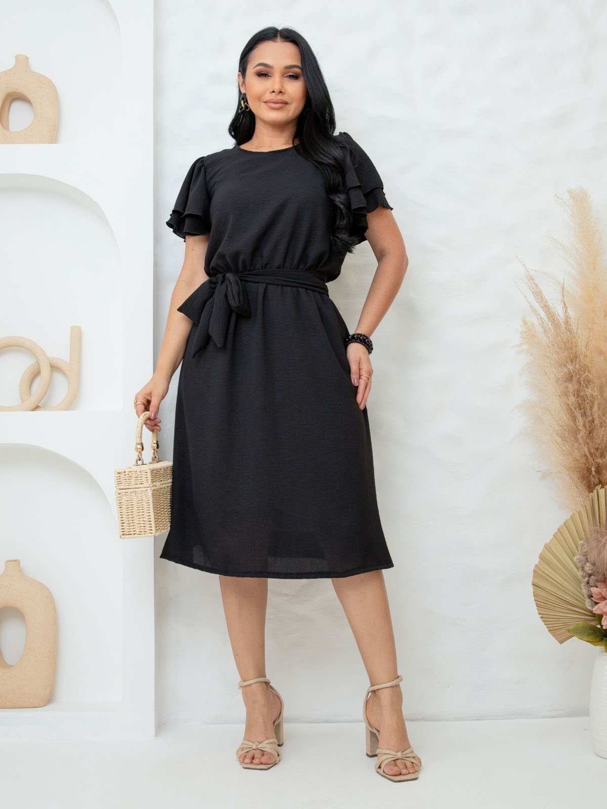 Imagem principal Vestido Midi FS CONCEPT Manga Curta com Babados e Cinto Moda Modesta BARSONS FASHION preto