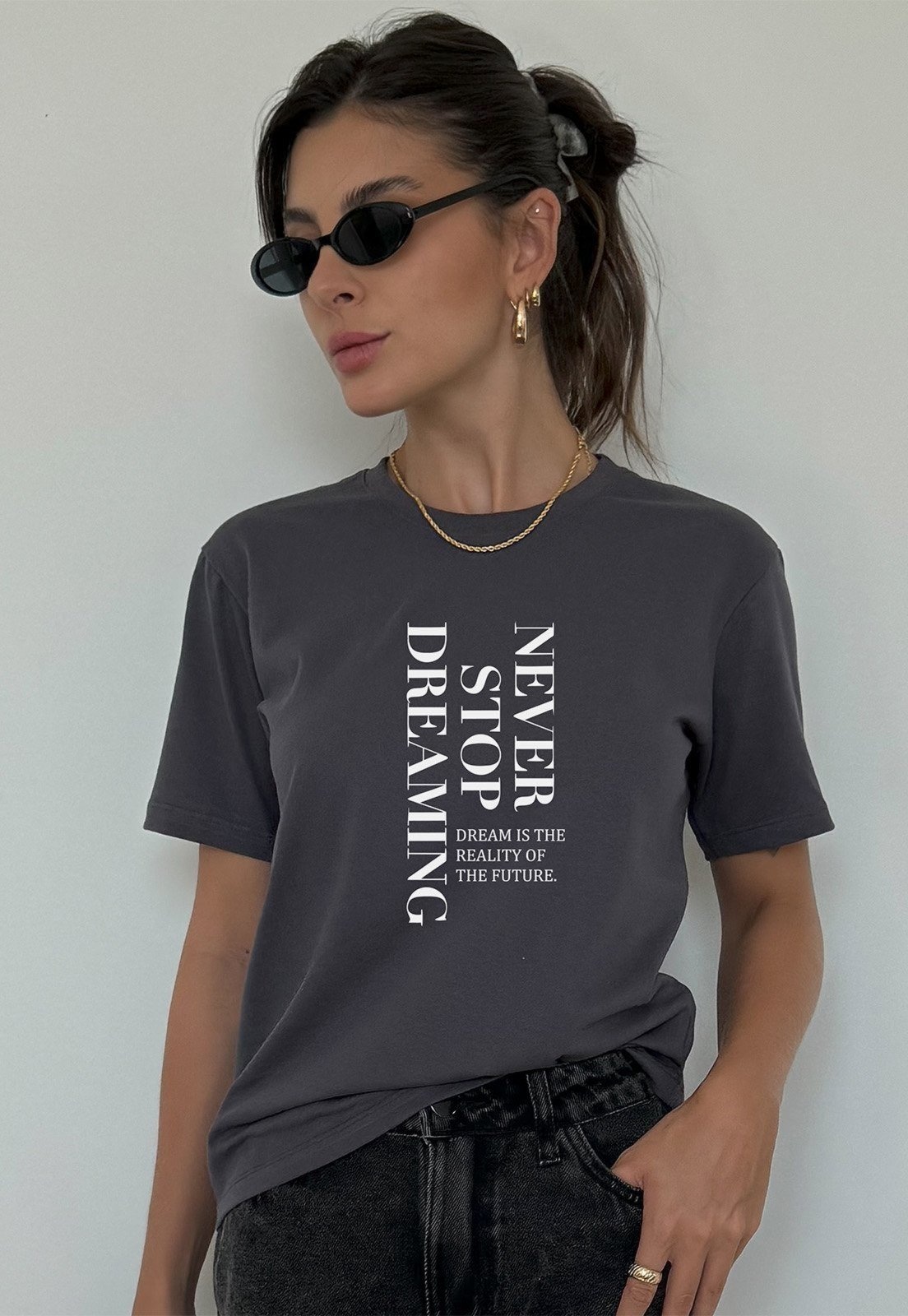 Imagem principal Camiseta Cianitas Chumbo Estampa Never Stop Cianitas cinza