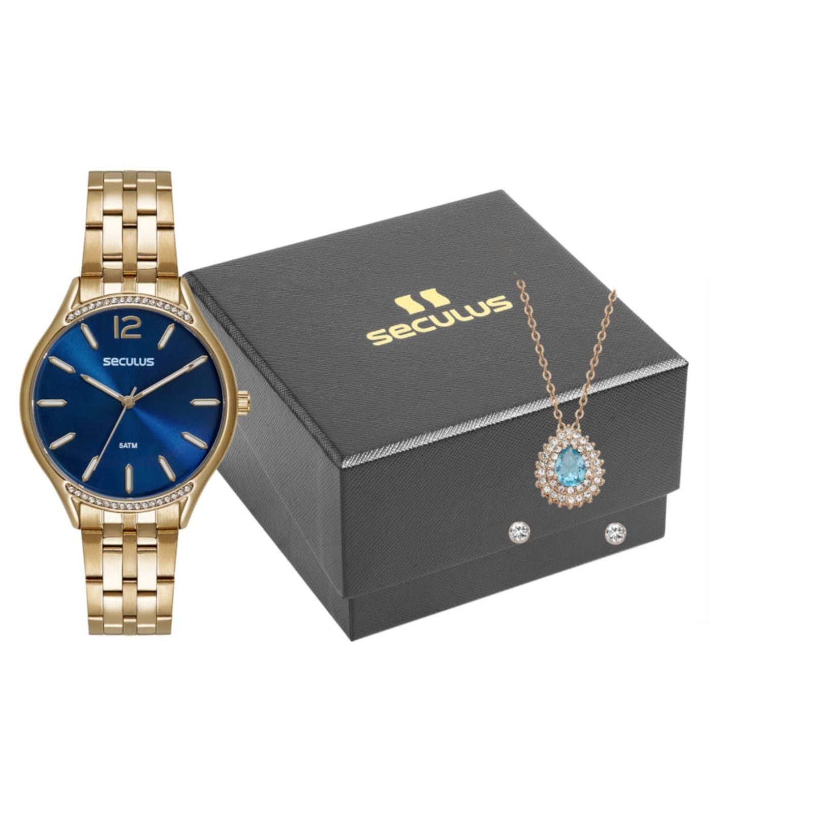 Imagem principal Kit Relógio Feminino Navy Dourado Com Colar e Brincos Seculus dourado navy