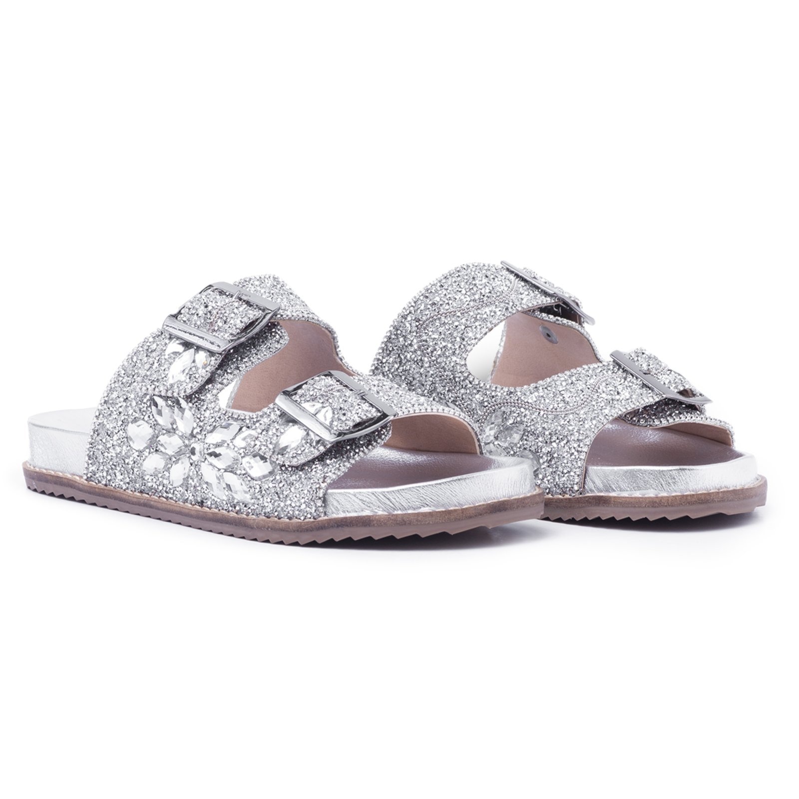 Imagem principal Sandália Rasteira Papete Pedraria Strass Birlhante Fivela Calçar Prata Nine4 preto