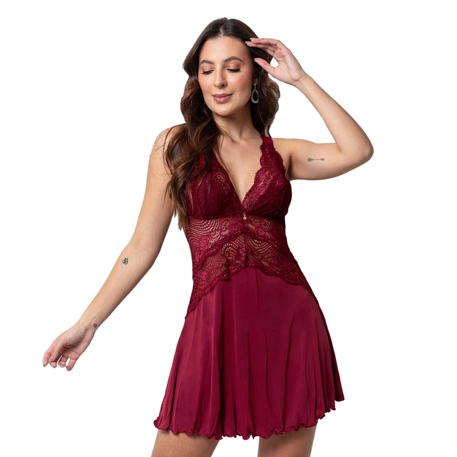 Imagem principal Camisola Bruna Gabi Lingerie Renda Sensual Sem Bojo Curta Pijama Sexy Rubro Gabi Lingerie vinho