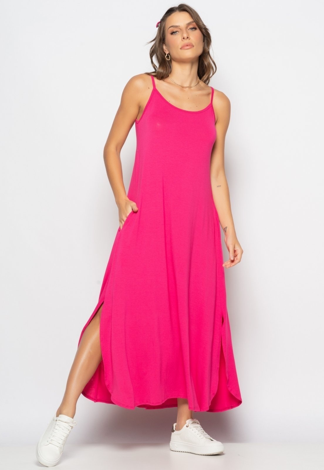 Imagem principal Vestido Longo Alcinha Com Barra Arredondada E Bolsos Salvatore Pink Salvatore Fashion rosa pink