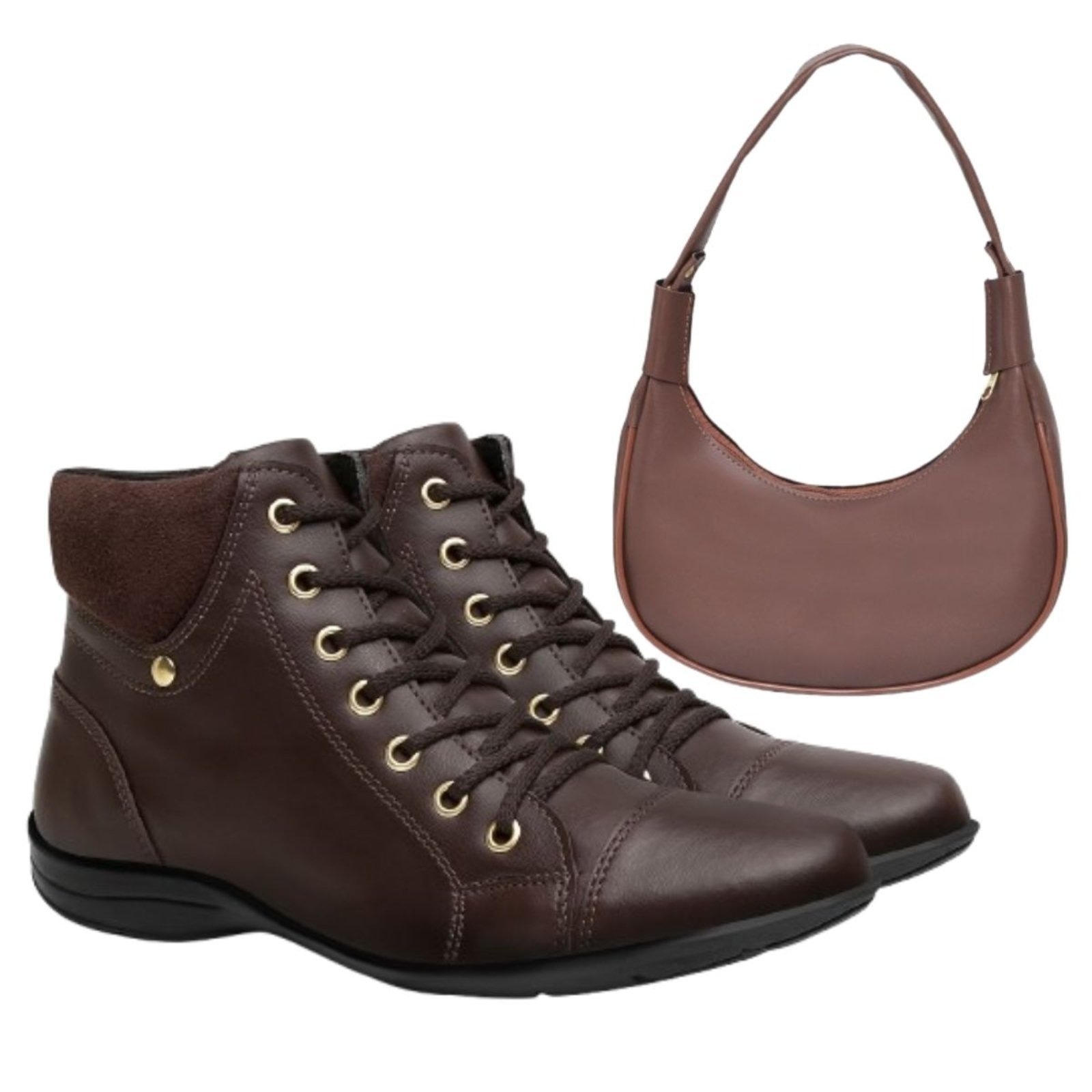 Imagem principal Kit Bota Feminina Cano Baixo Anna Andrade Botinha Sola Rasteira Casual E Bolsa Ombro Anna Andrade café