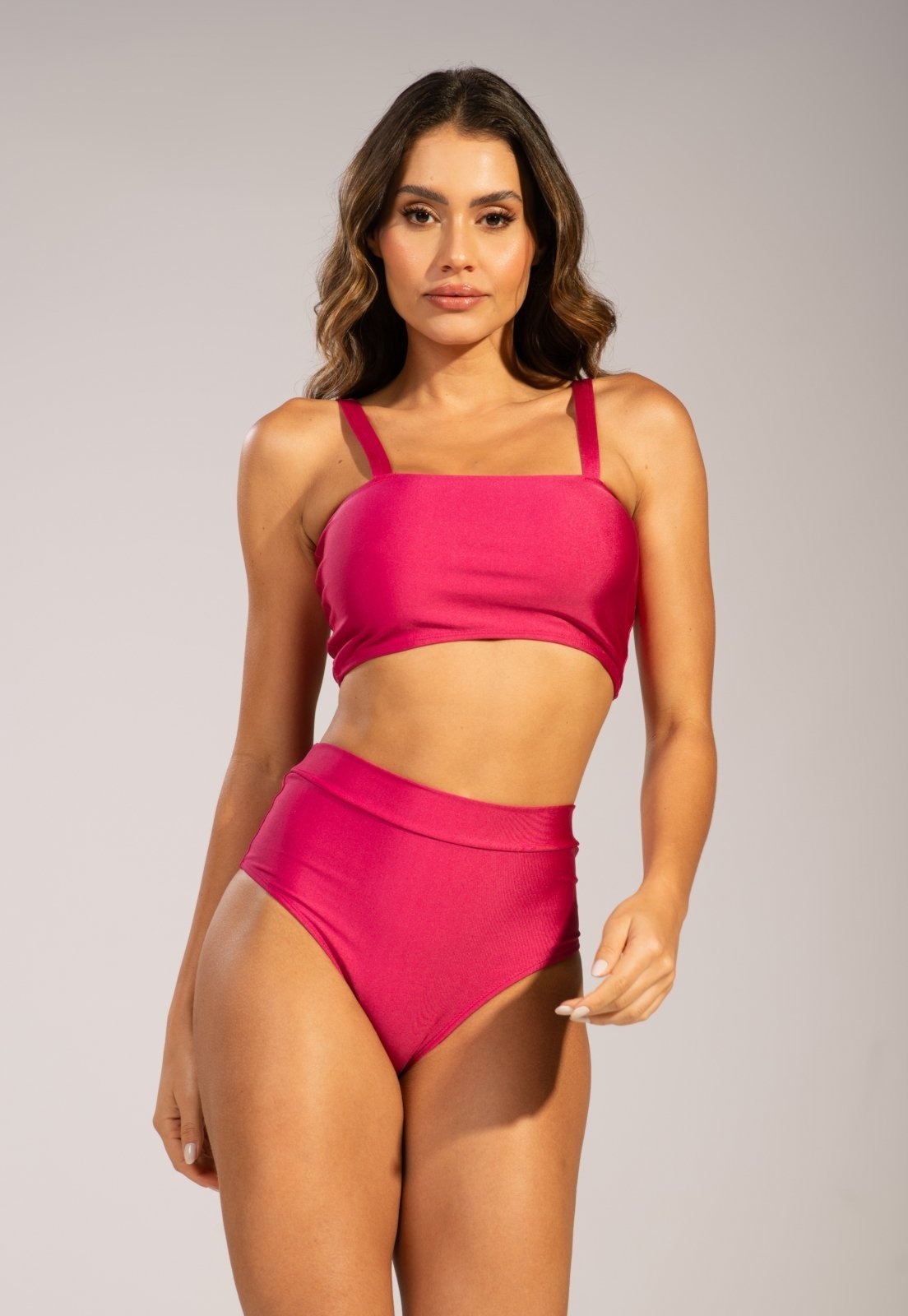 Imagem principal Biquíni Top Faixa Vekyo Hot Pants Liso Cintura Alta Verão Rosa VEKYO preto/rosa rosa