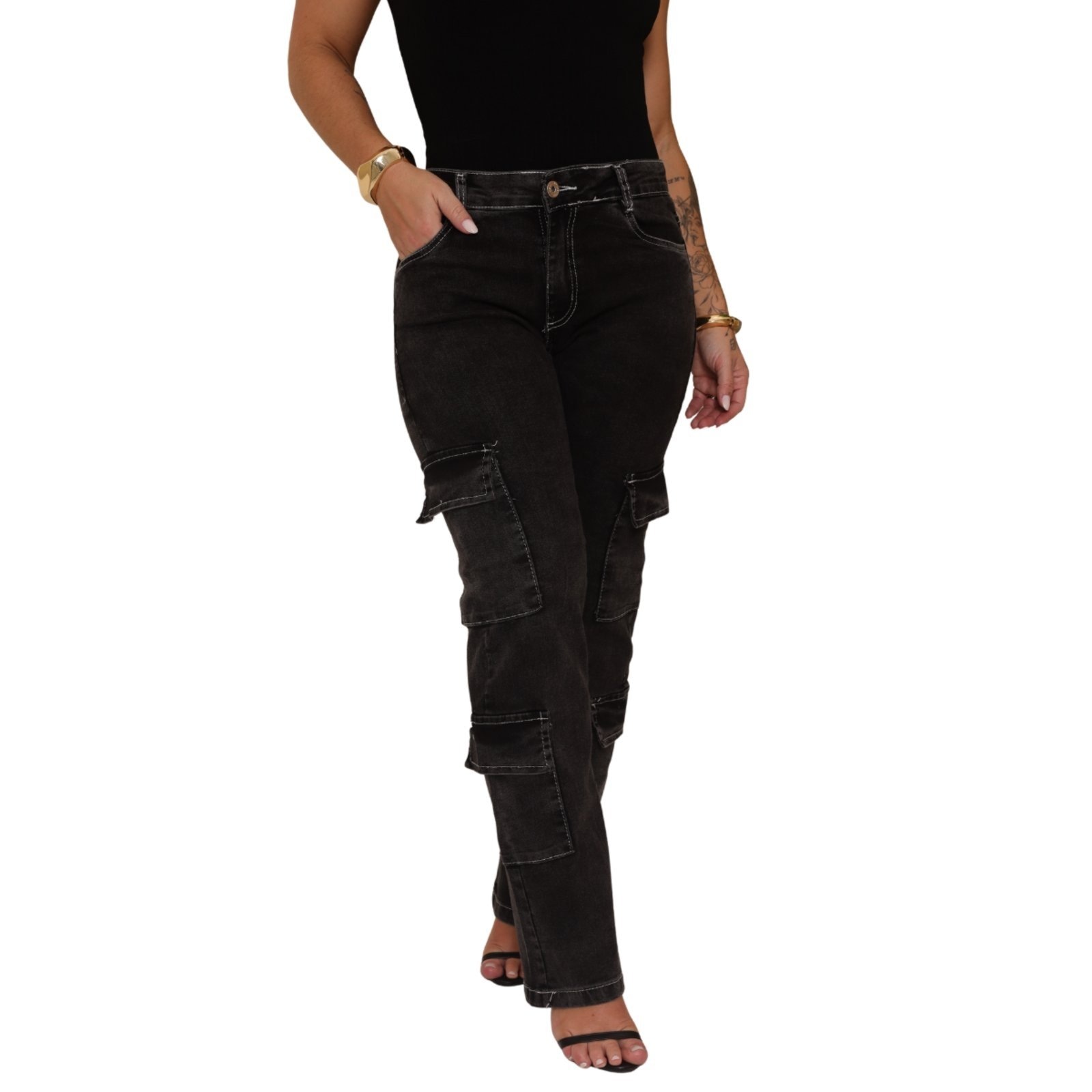 Imagem principal Calça Cargo Feminina Jeans Light Grafite Estilo Street 4 Bolsos JEANS LIGHT cinza