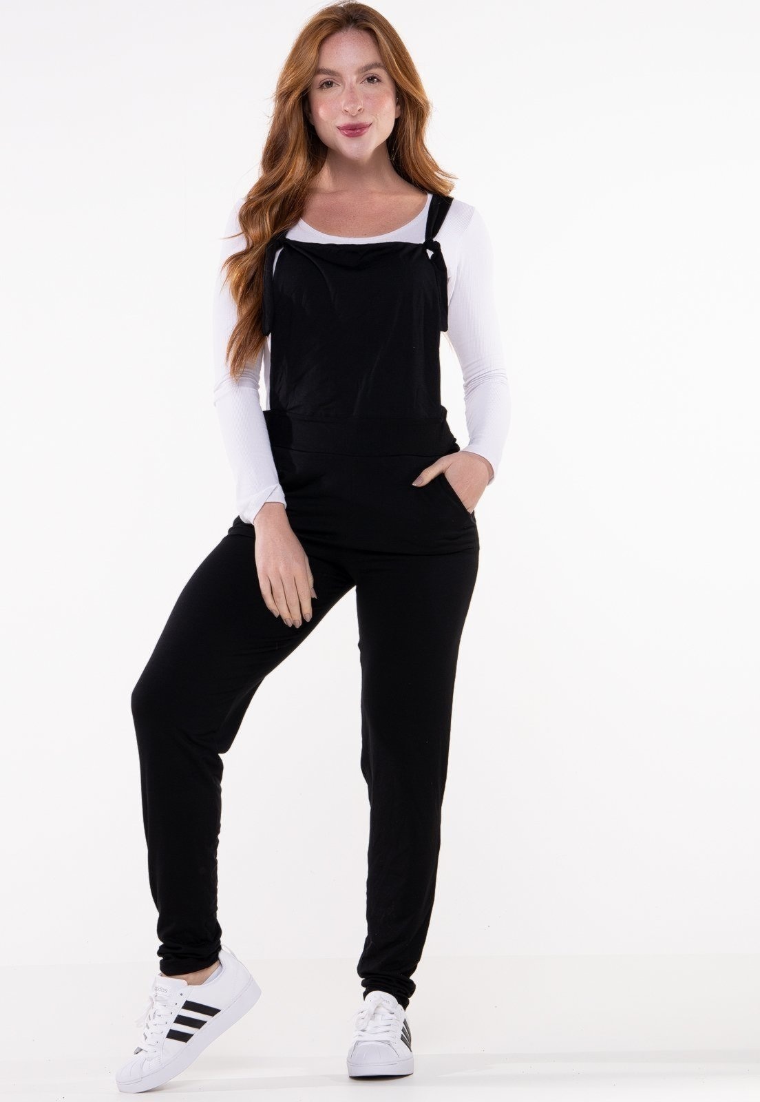 Imagem principal Jardineira Bravaa Store Longa Macacão Feminino Macaquinho Skinny Moda Jogger 278 BRAVAA STORE preto