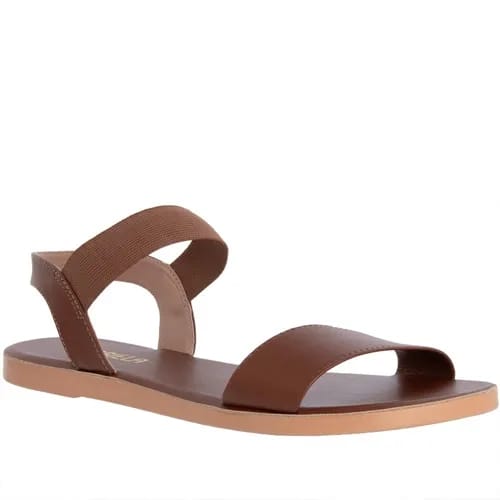 Sandália Rasteira Gabriela Flat Tiras Elástico Pespontos Marrom