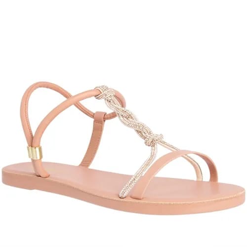 Sandália Rasteira Gabriela Tiras Entrelaçadas Nó Strass