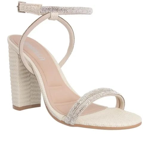 Sandália Gabriela Salto Grosso Tiras Strass Fivela Textura Trama