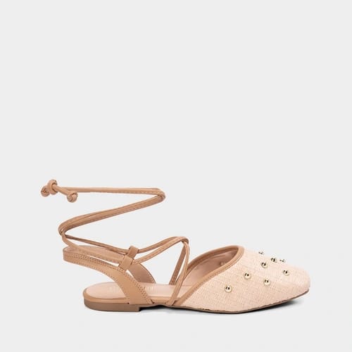 Sapatilha Feminina Gabriela Tiras Amarração Tachas Ráfia