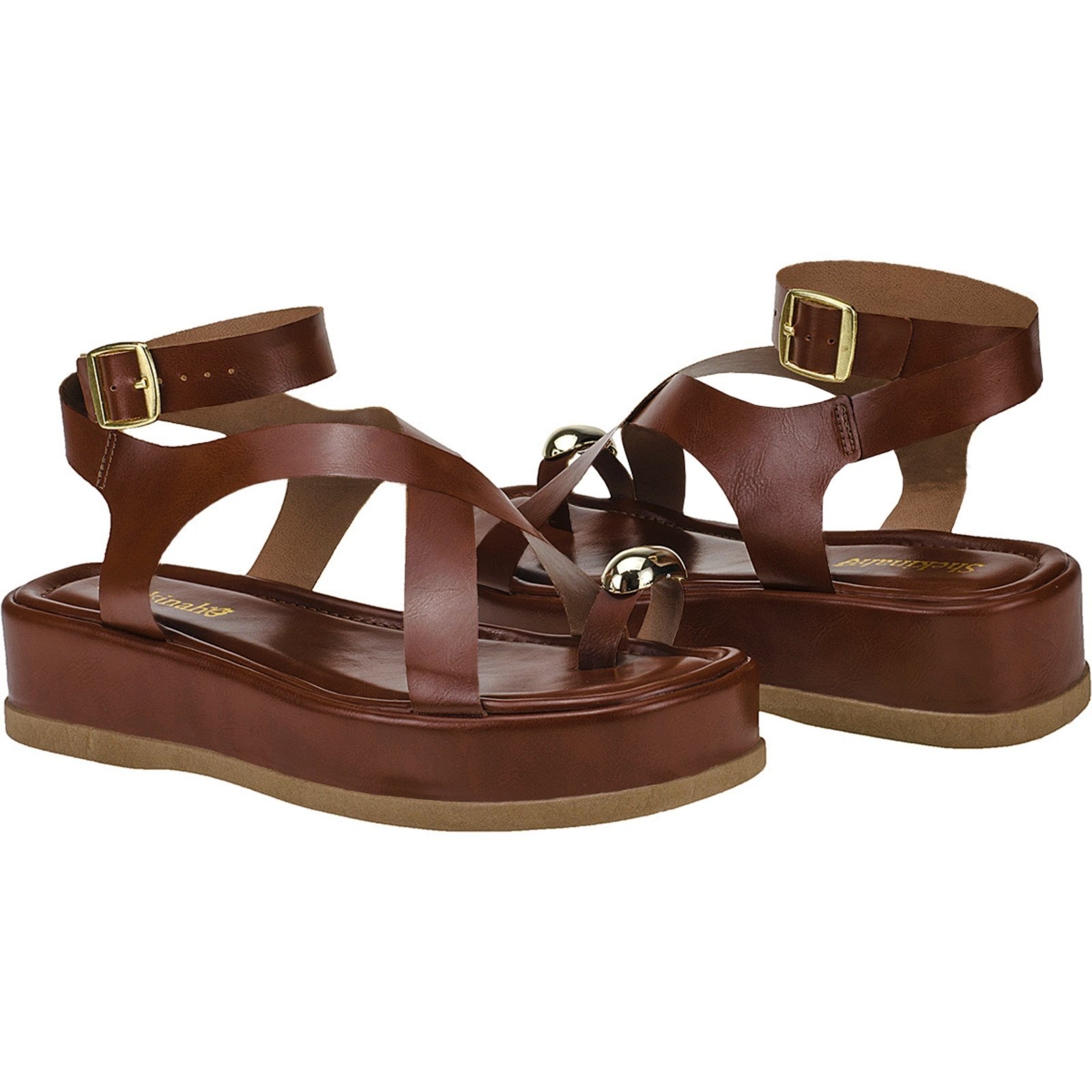 Imagem principal Sandália Flat Plana Rasteira Feminina Chinelo Tamanco Shekinah Tiras Cruzadas Macio Fashion Detalhe Enfeite Metal Shekinah caramelo