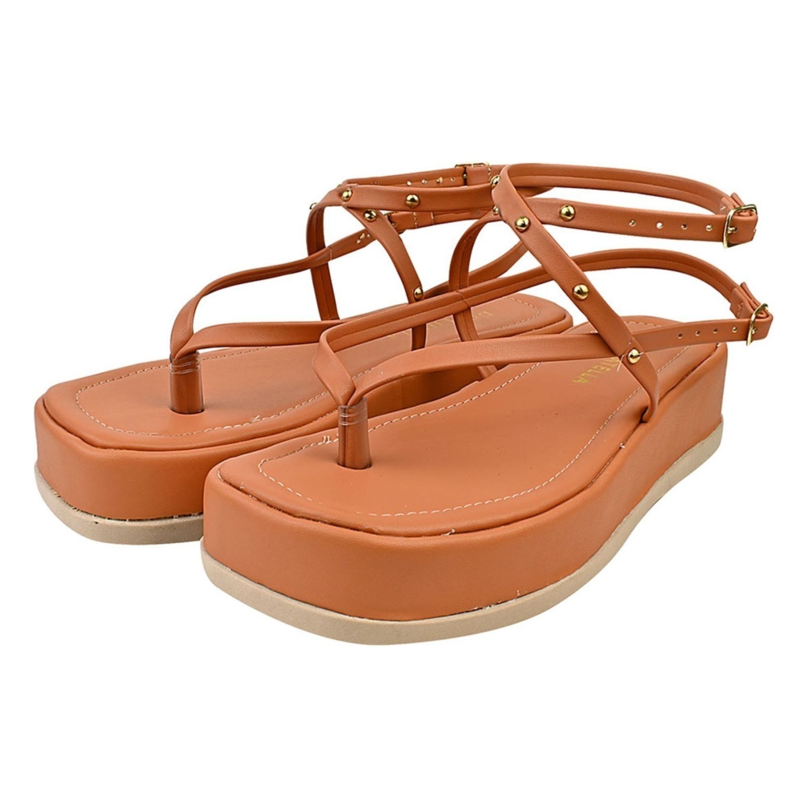 Imagem principal Sandalia Feminina Plataforma Donatella Shoes Confortável Chinelo de Dedo Rebite Tacha Fivela Monte Shoes caramelo