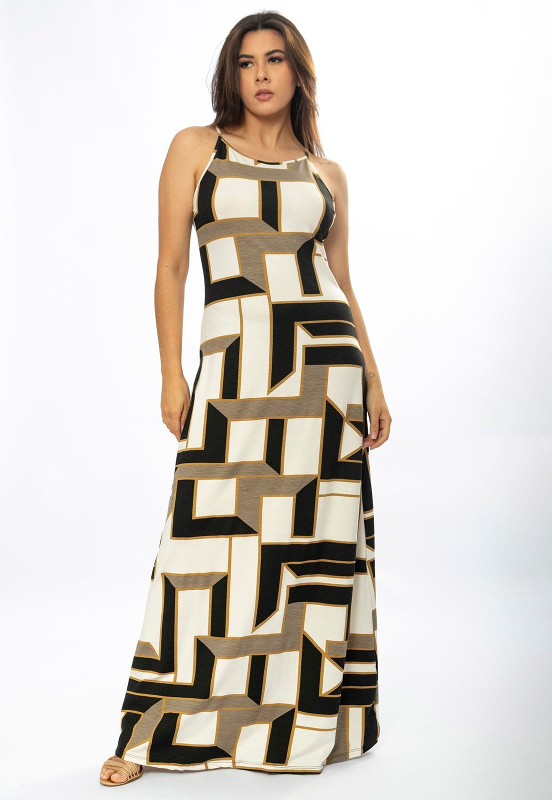 Imagem principal Vestido Longo Cabanafree Malha Trapézio Igaci Cabanafree estampado/marrom/off-white