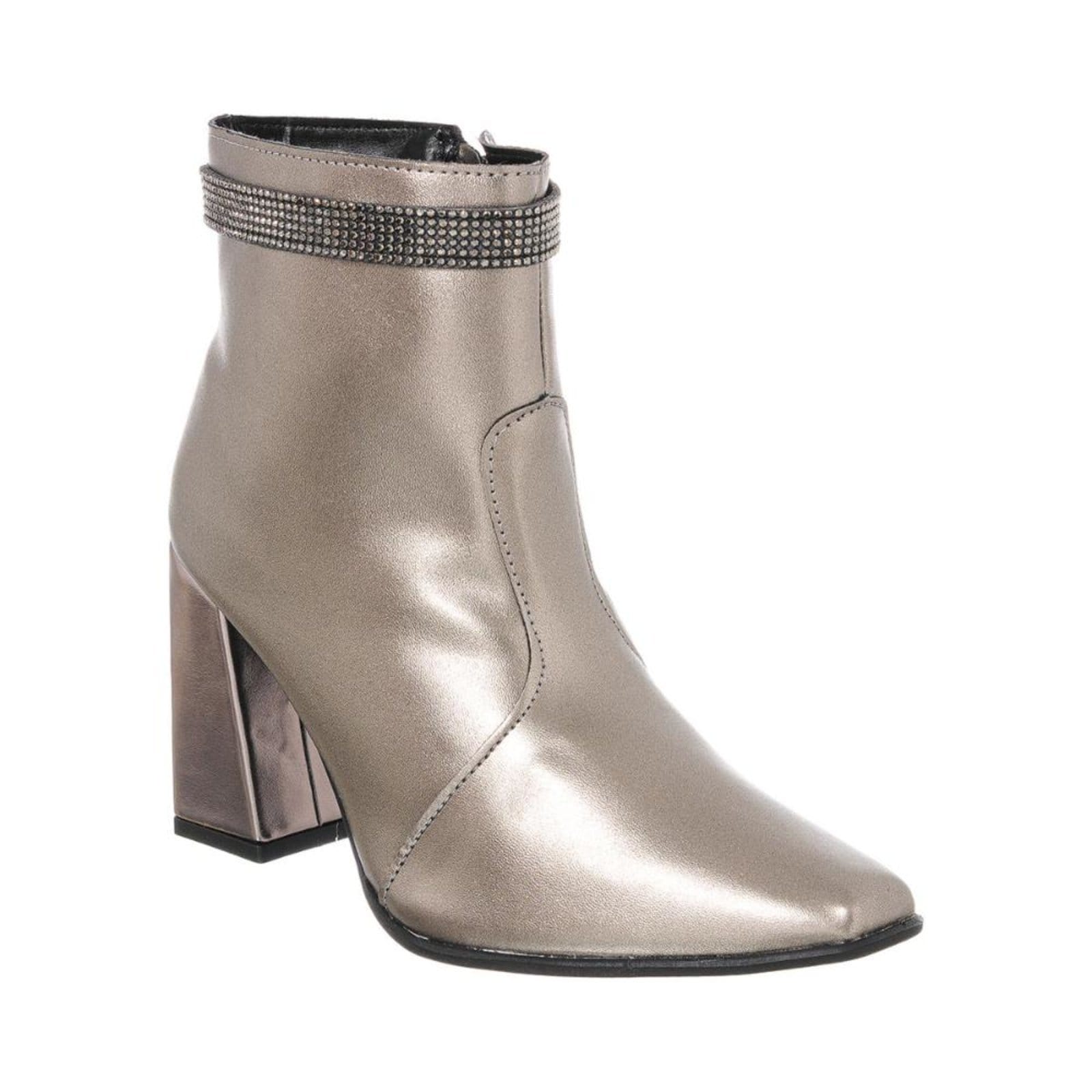 Bota Feminina Cano Curto Salto Alto Bico Quadrado Confortável Metalizada Com Brilho Velho