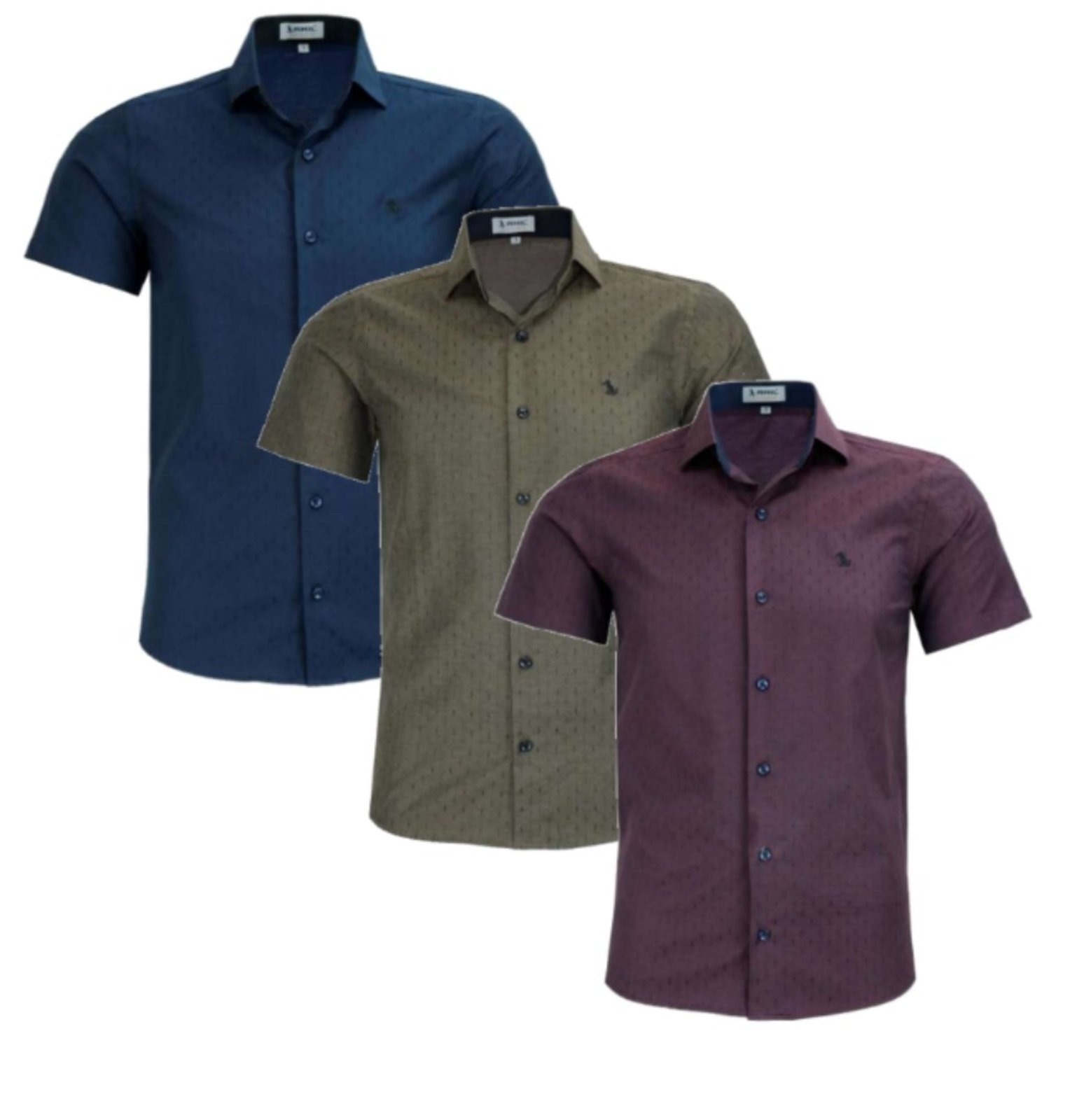 Imagem principal Kit Camisas Sociais Slim Amil Misto Macia Micro Estamp Manga Curta Luxo Amil azul/azul marinho/dourado