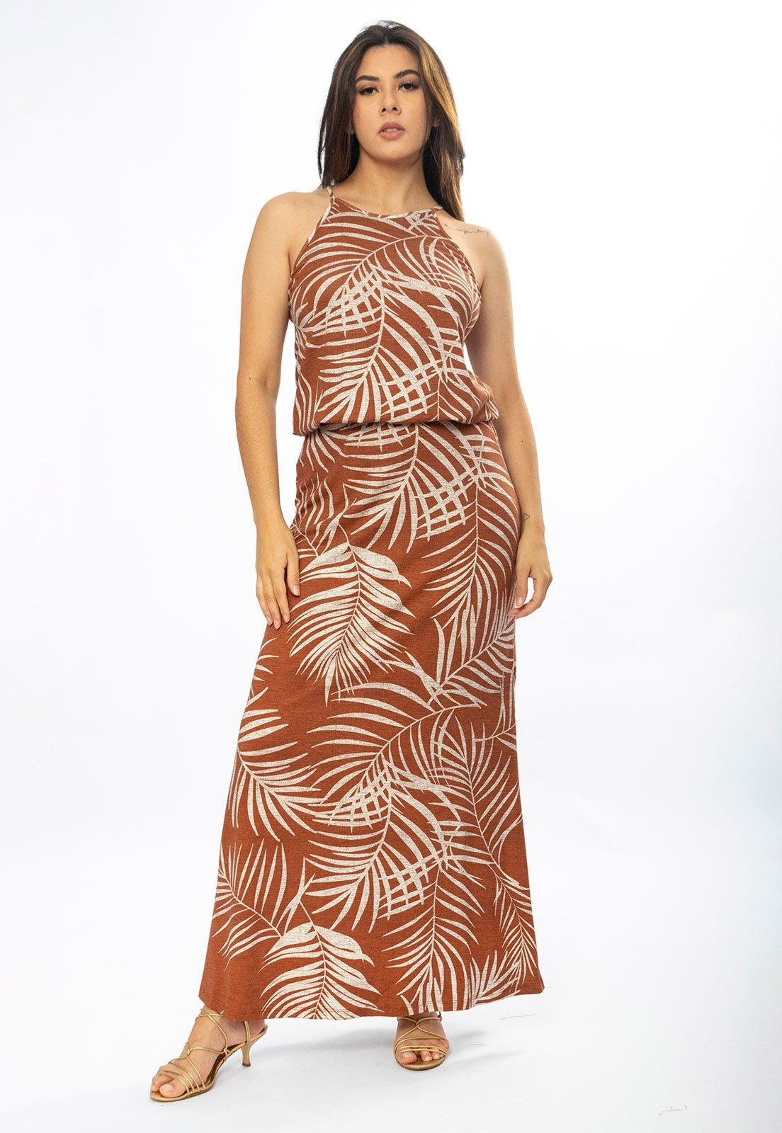 Imagem principal Vestido Longo Cabanafree Malha Trapézio com Elástico na Cintura Palmas da Terra Cabanafree estampado/off-white