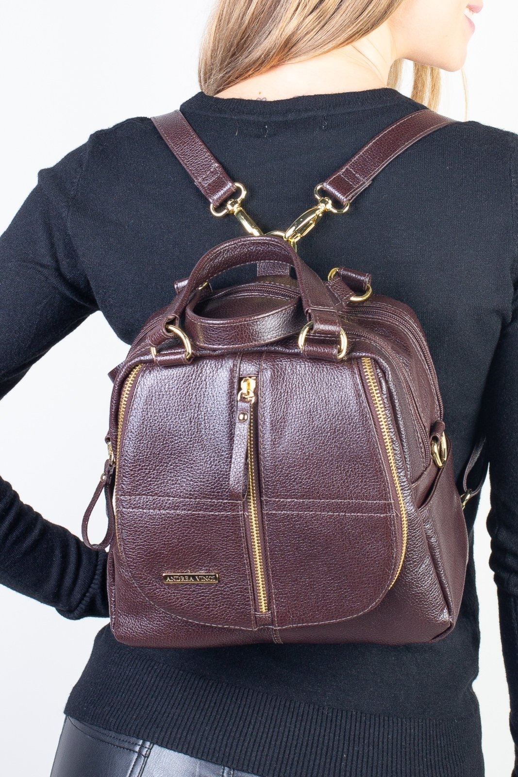 Imagem principal Bolsa Andrea Vinci mochila de couro liso 3 em 1 Marina - Café Andrea Vinci caramelo