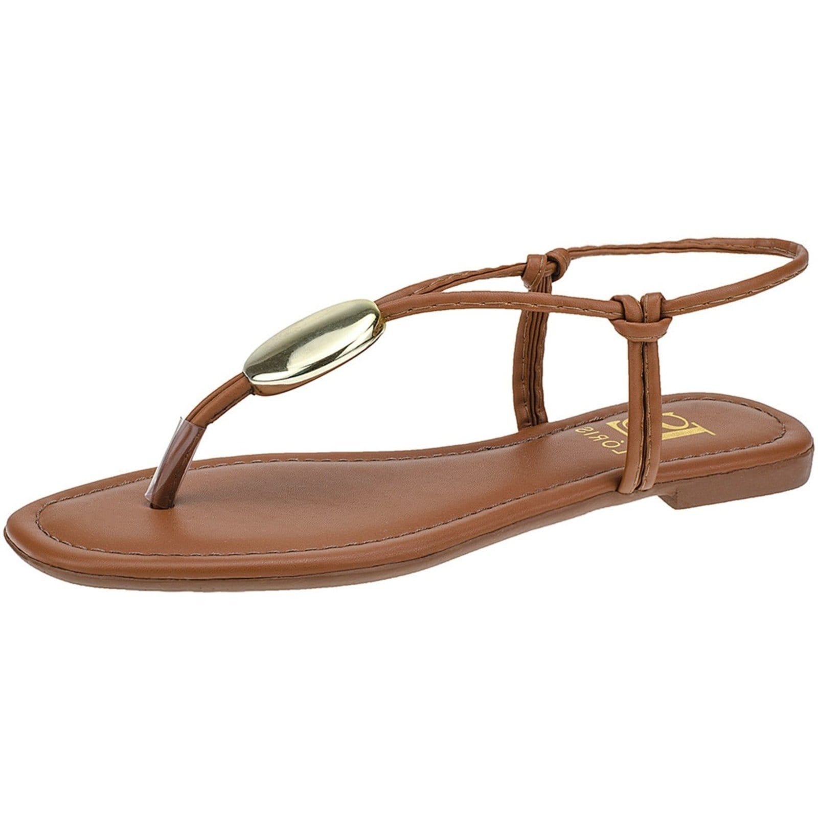 Sandália de Tiras Lóris Shoes com Enfeite ABS Dourado Rasteira Confortável Rasteirinha 4017