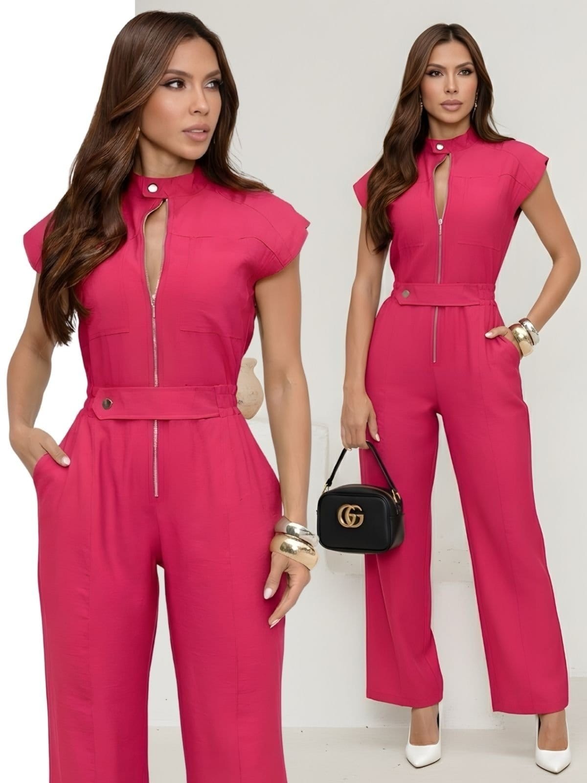 Macacão Divina Gata Cargo Longo Com Zíper Frontal CHERRY