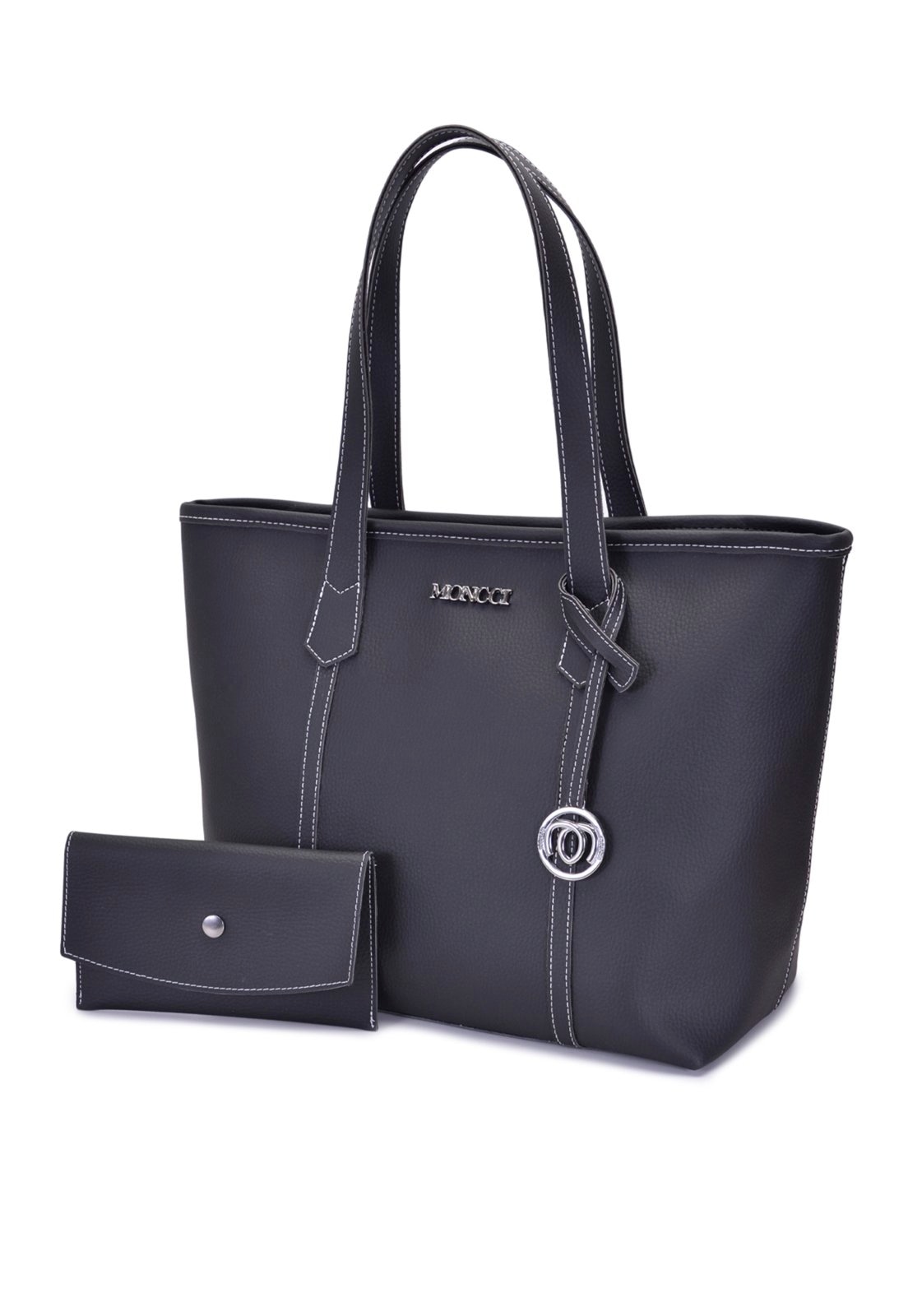 Imagem principal Bolsa de Ombro Grande Moncci Fechamento de zíper Preta com Costura Branca MONCCI preto