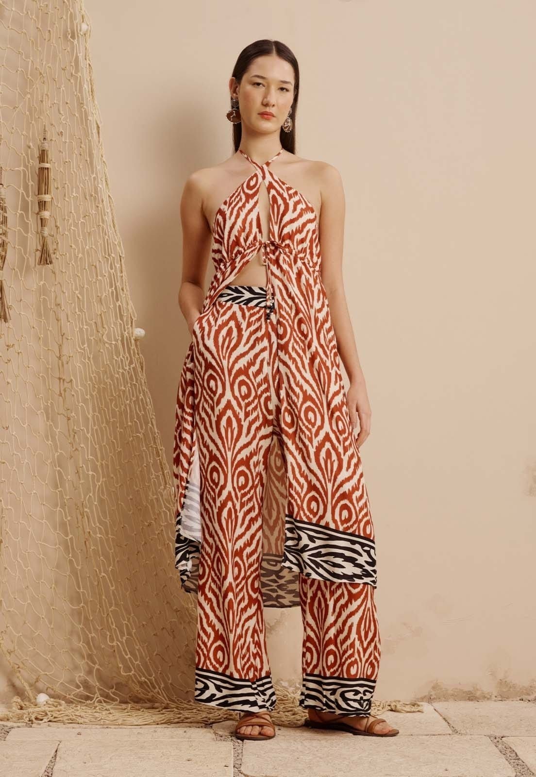 Calça Pantalona Elástico Costas Estampada Aruma