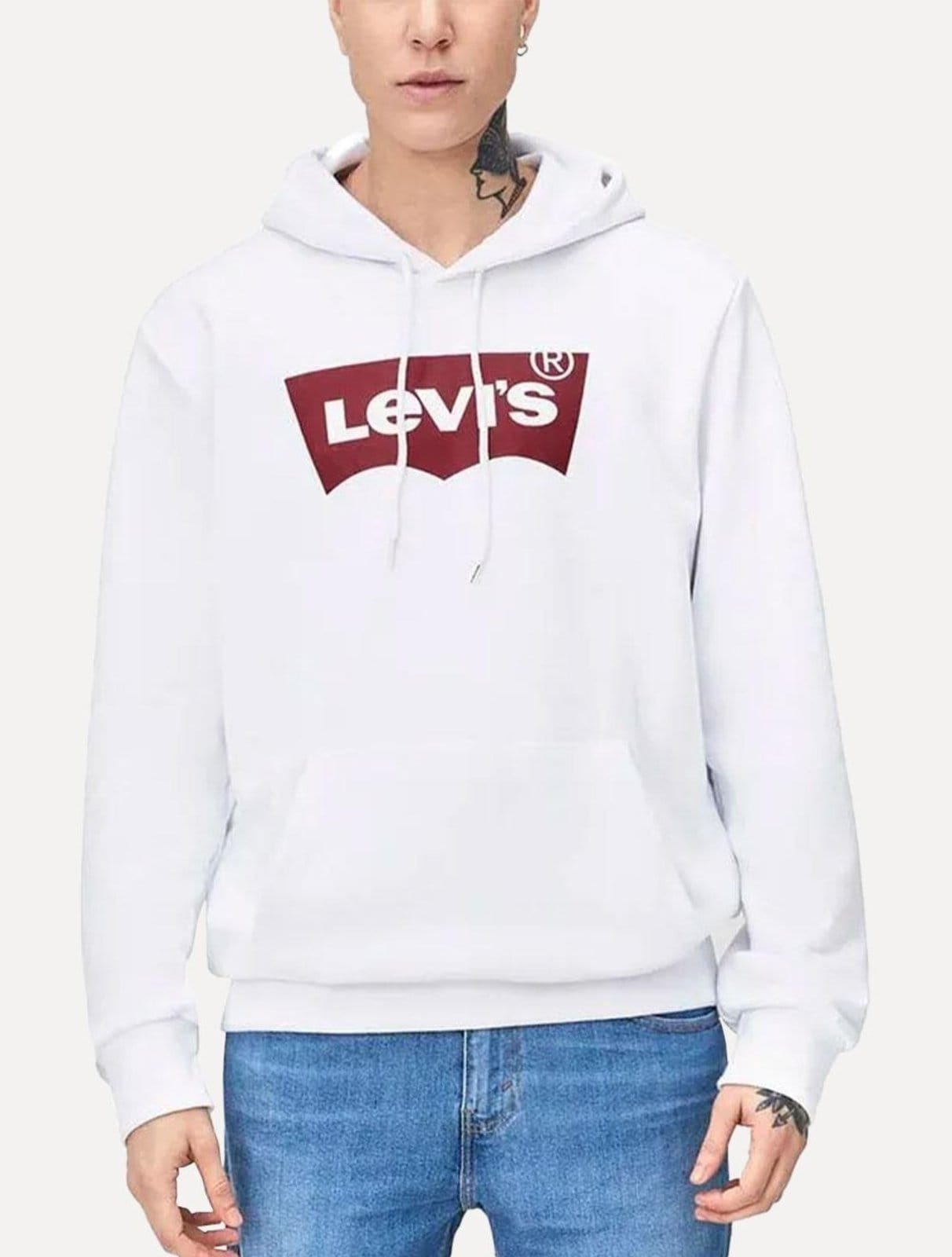 Moletom Levis Masculino Canguru Batwing Com Capuz Branco