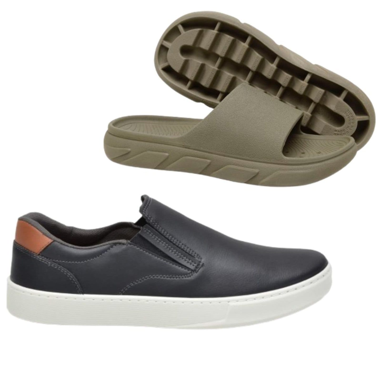 Kit Sapatenis Masculino Anna Andrade Tênis Slip On Casual e Chinelo Slide Nuvem Verde Militar