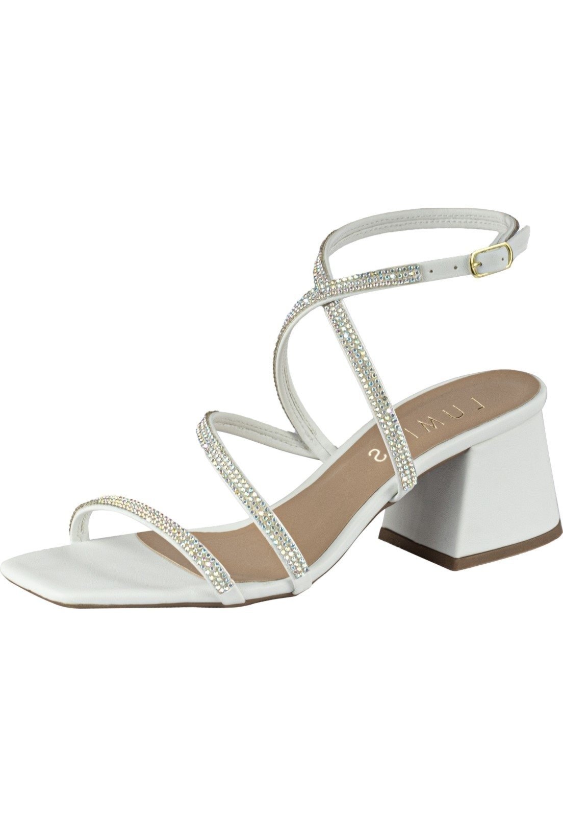 Imagem principal Sandália Feminina Salto Bloco Baixo Lumiss Tiras Strass Brilho Confortável LUMISS branco