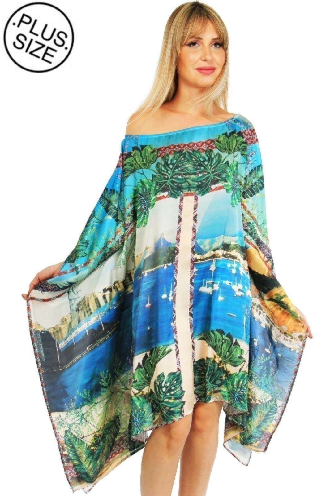 Imagem principal Vestido Kaftan Amplo Cetim Estampado Exclusivo Verde 101 Resort Wear azul/multicolorido/verde verde