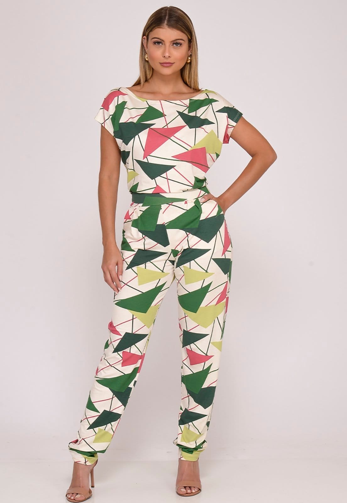 Macacão Longo M/C Decote Canoa B'Bonnie Mel Geo Verde