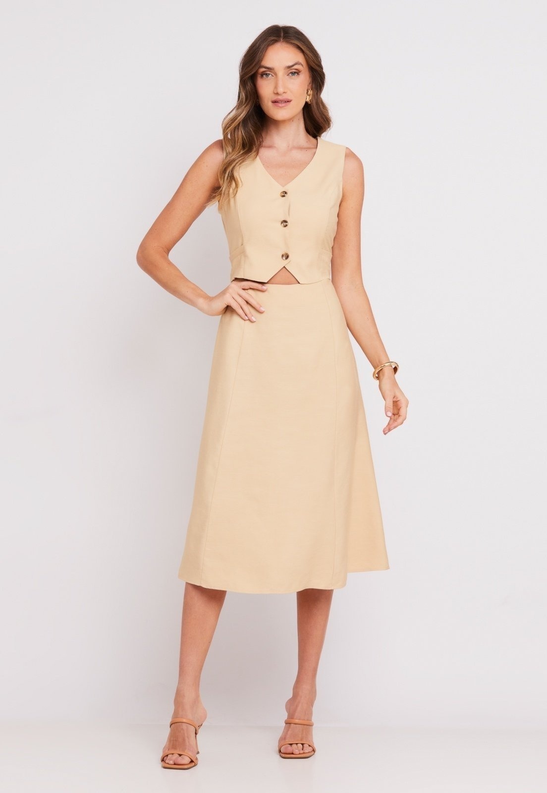 Imagem principal Vestido Midi Crepe Rústico Slub Miss Joy 8191 Feminino MISS BY JOY bege