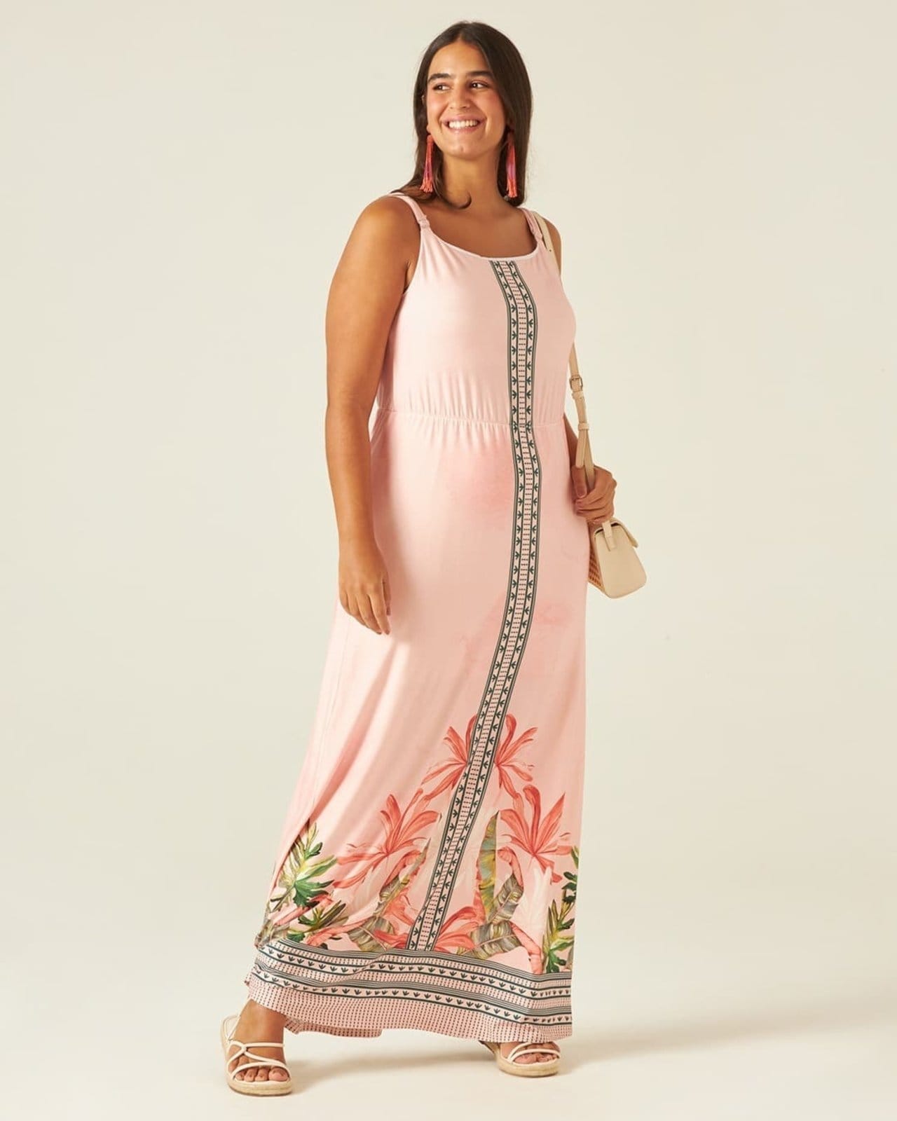 Vestido Feminino Plus Size Midi Alças Finas Em Viscose Stretch