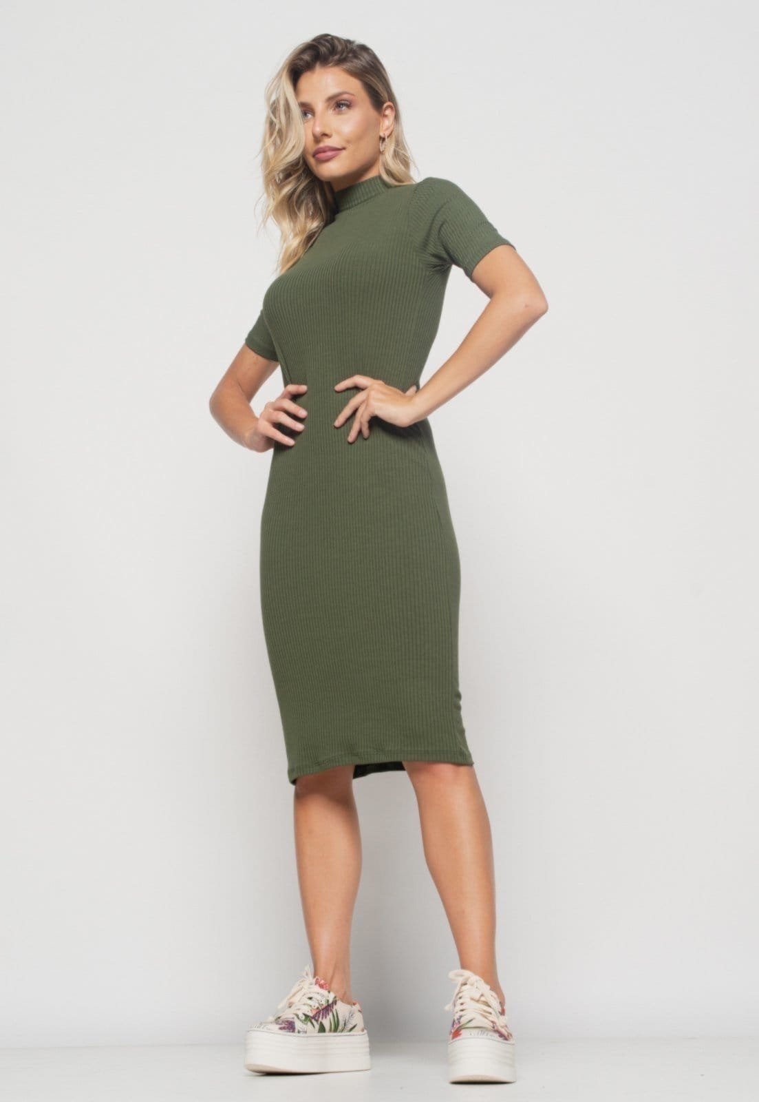 Vestido Salvatore Midi Manga Curta Canelado Verde