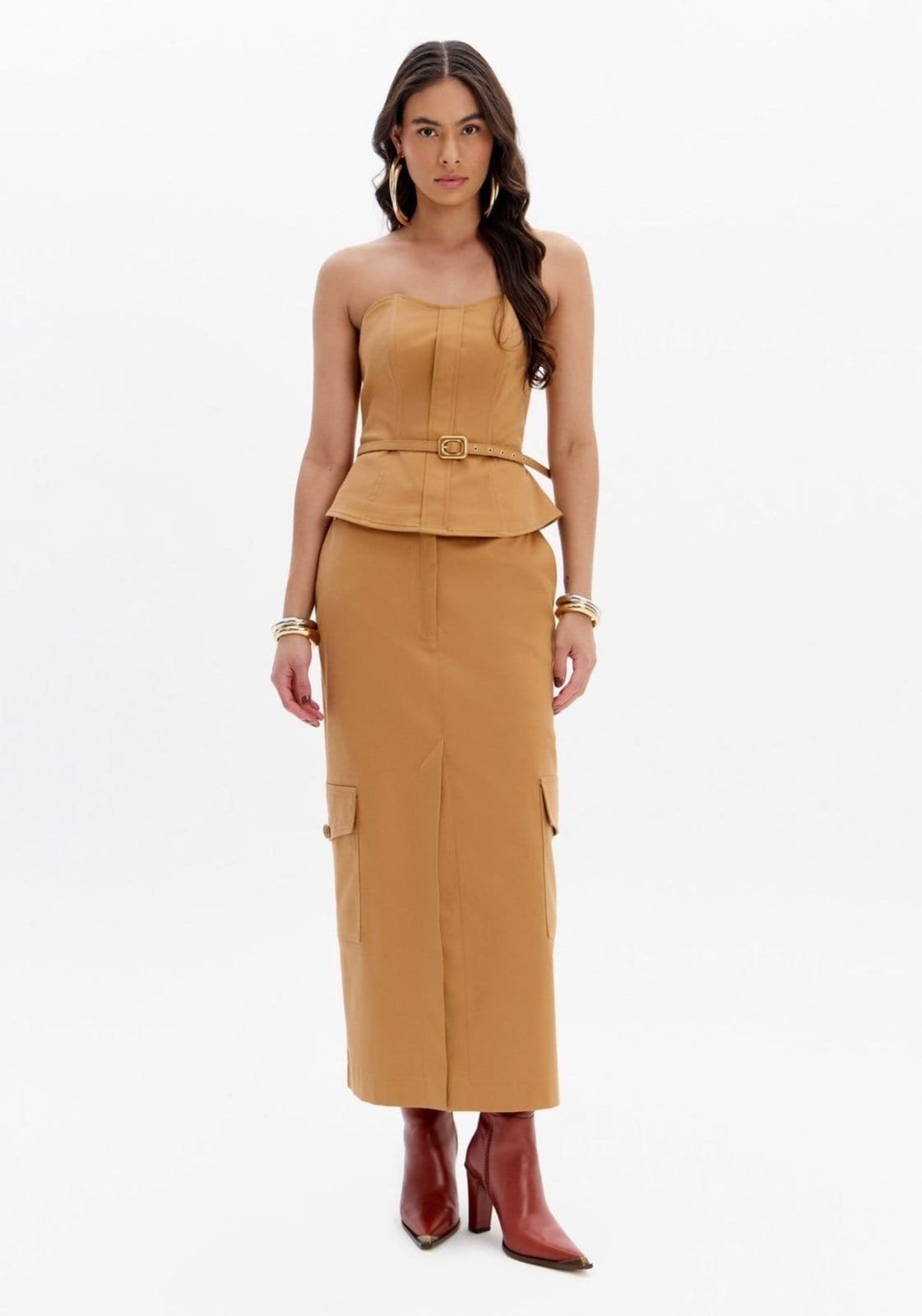 Saia Super Midi Cintura Alta Com Bolsos